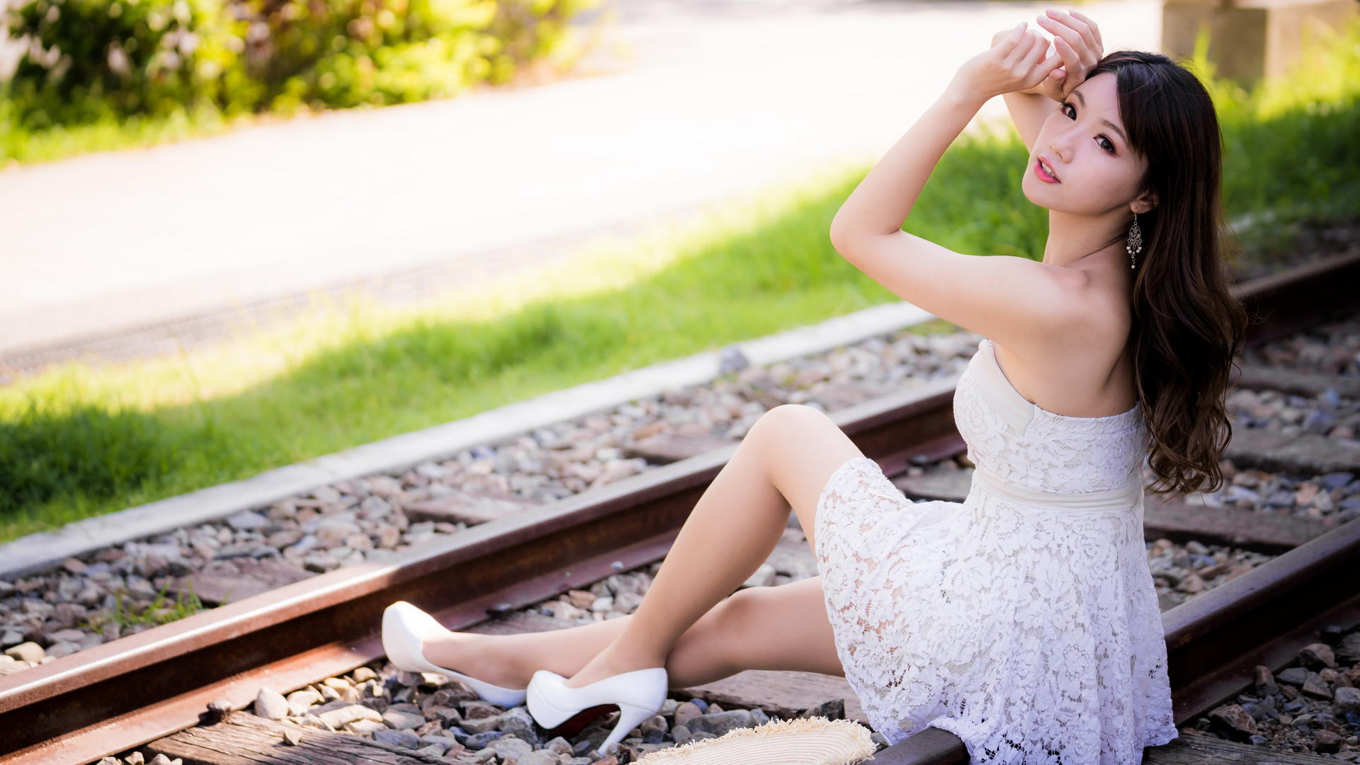 Asian Model Women Long Hair Dark Hair White Dress Sitting White High Heels Railway Depth Of Field Gr 1920x1080