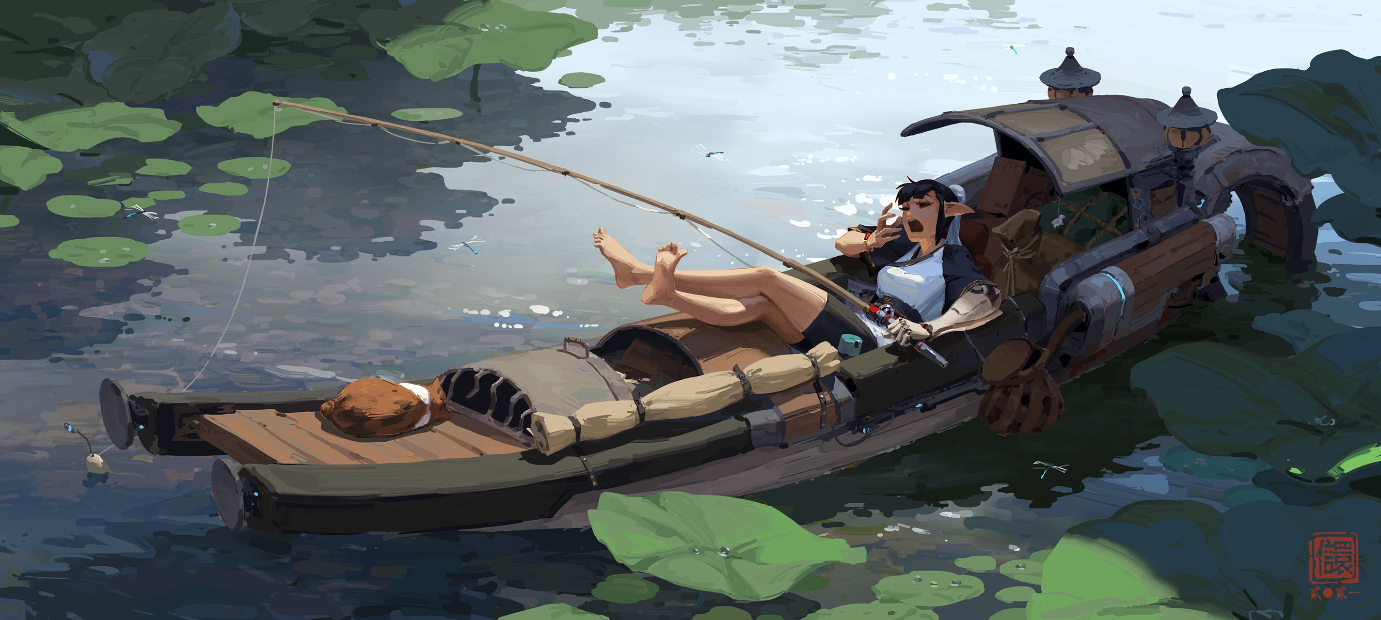 Original Characters Fantasy Girl Kan Liu ArtStation Fantasy Art Vehicle Fishing Rod Barefoot Legs Po 2849x1280