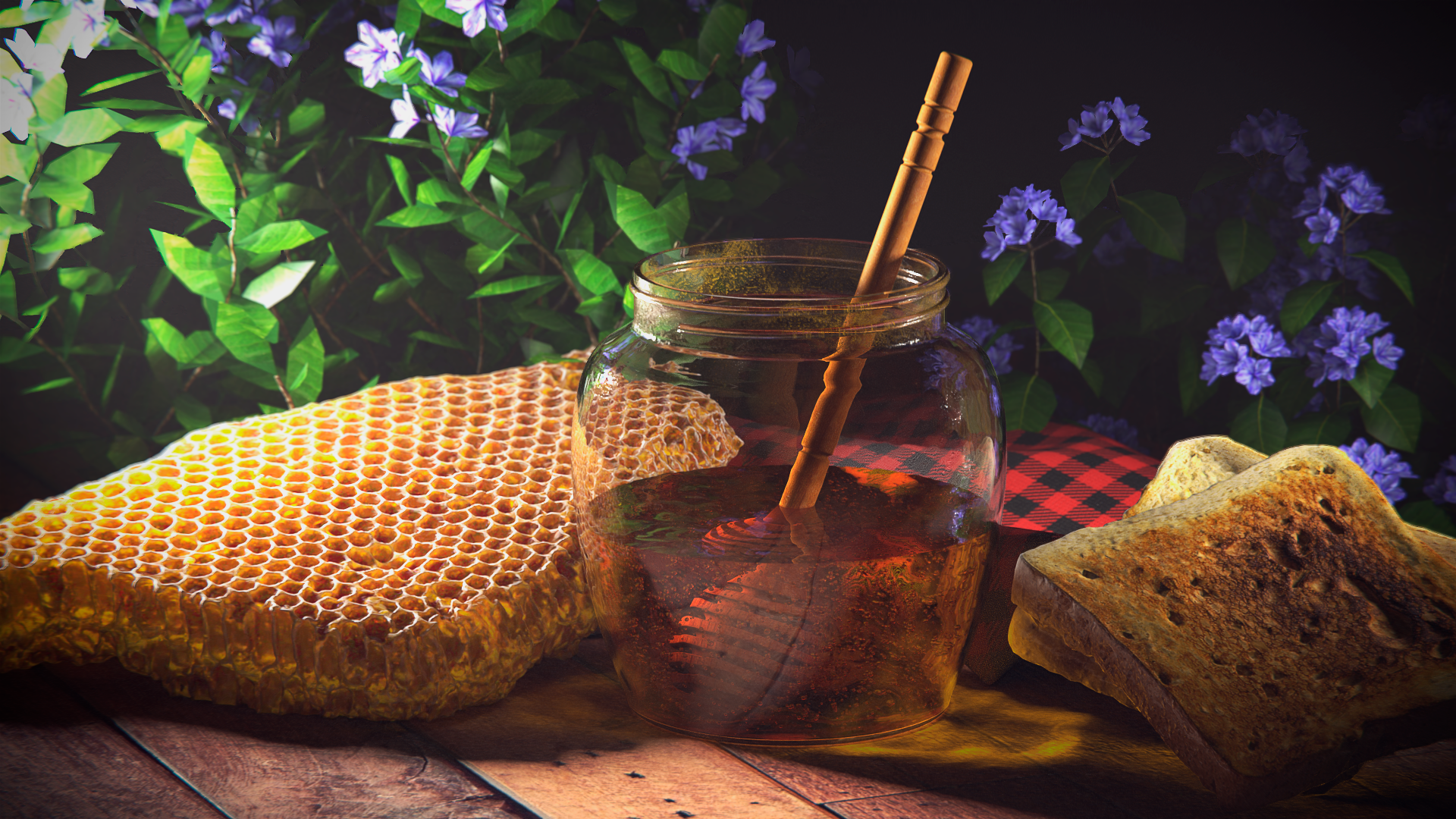 CGi Digital Art Render Rendering 3D Graphics Honey Honeycombs Bread Food 1920x1080