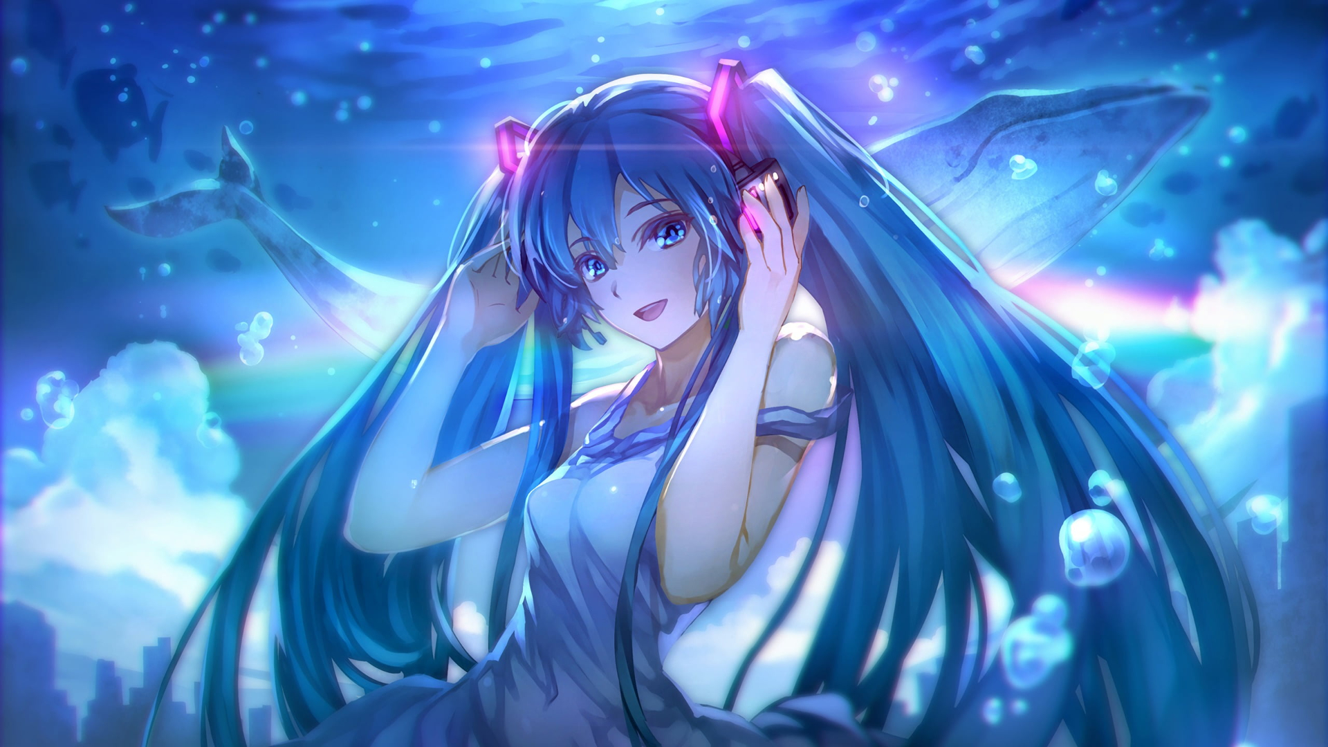 Anime Girls Twintails Blue Hair Sky Whale Headphones Hatsune Miku Vocaloid 1920x1080