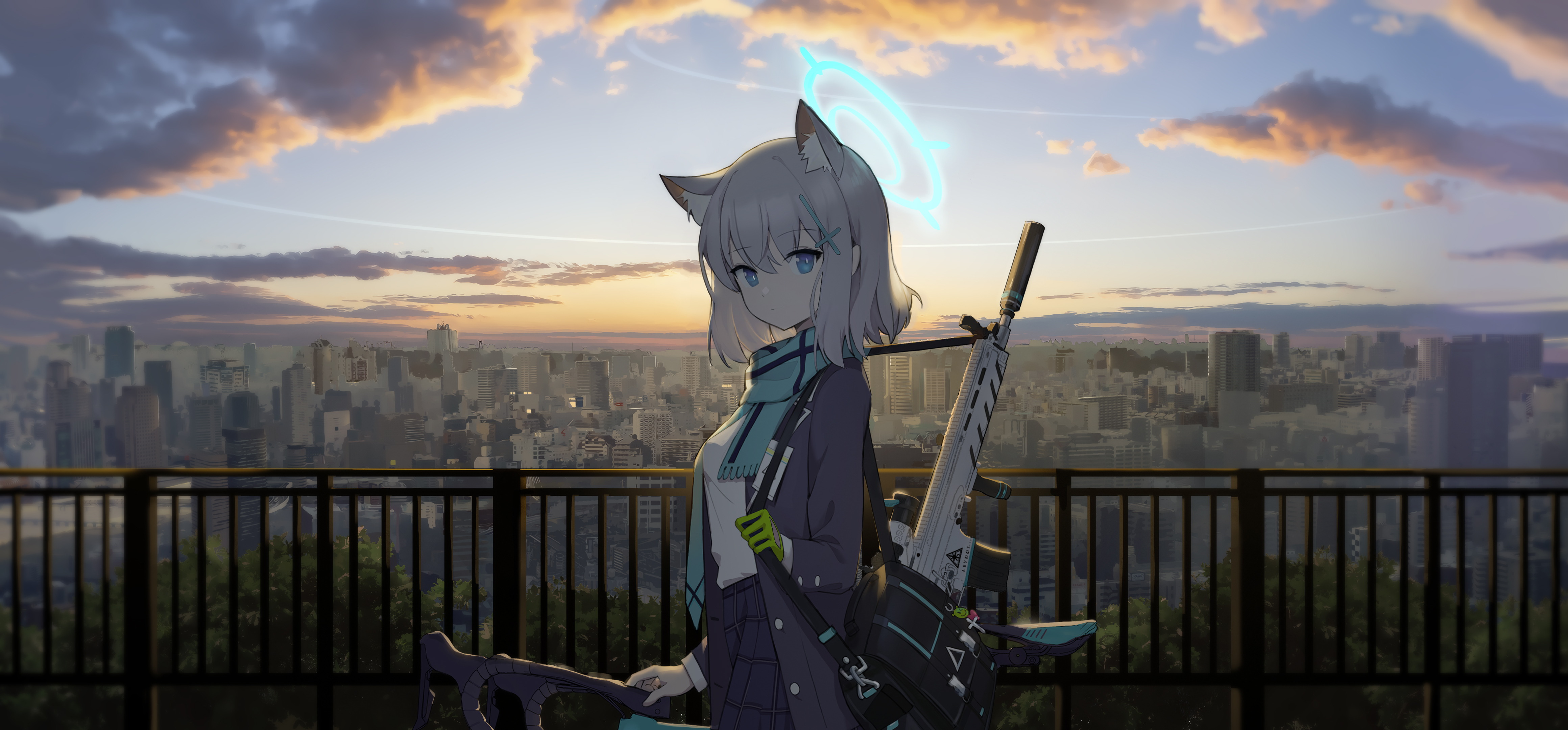 Anime Girls Blue Archive Shiroko Blue Archive Animal Ears Grey Hair Blue Eyes Weapon Cityscape 4639x2160