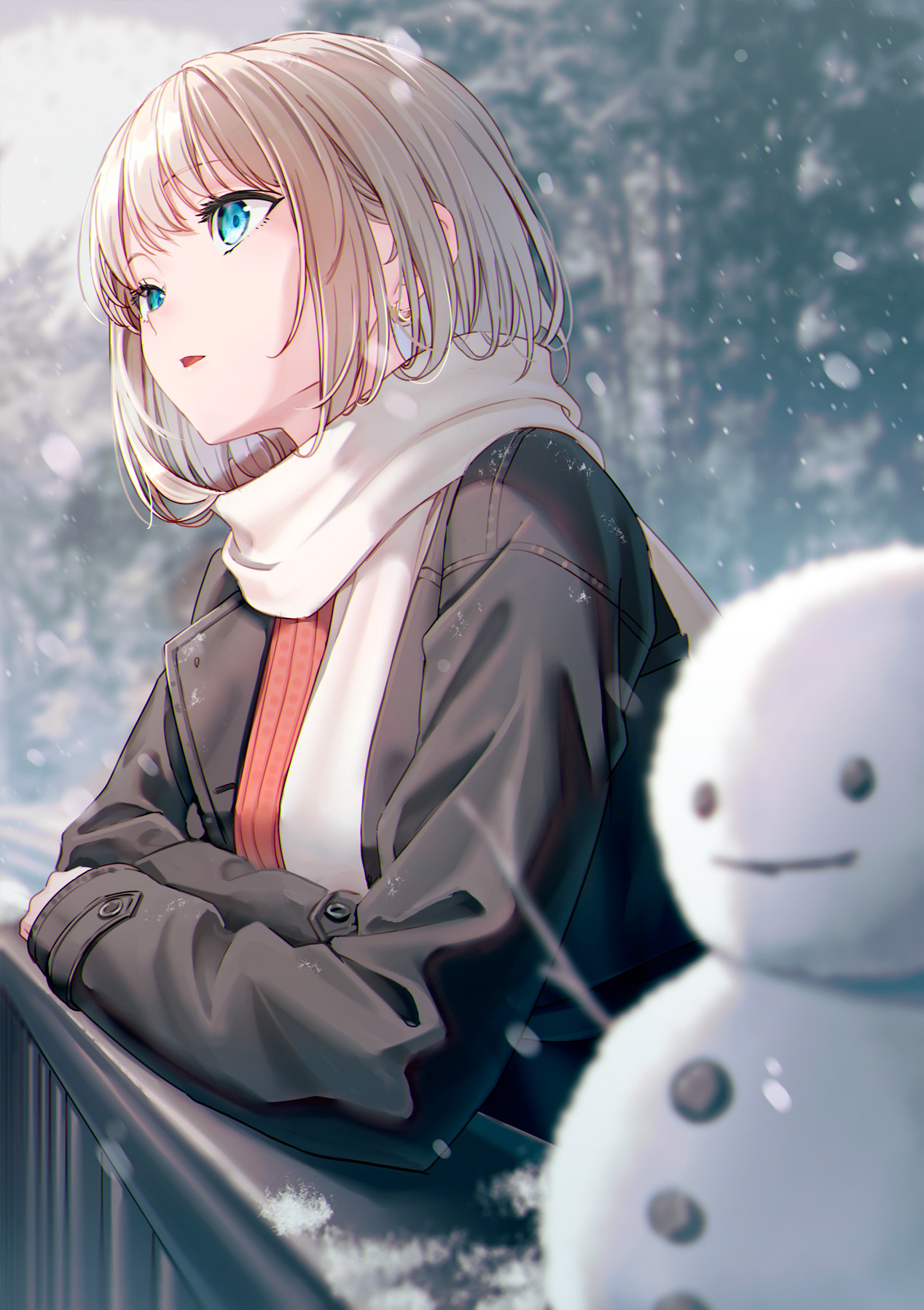 Anime Anime Girls Hyuuga Azuri Artwork Ash Blonde Blue Eyes Scarf Snowman 1268x1798