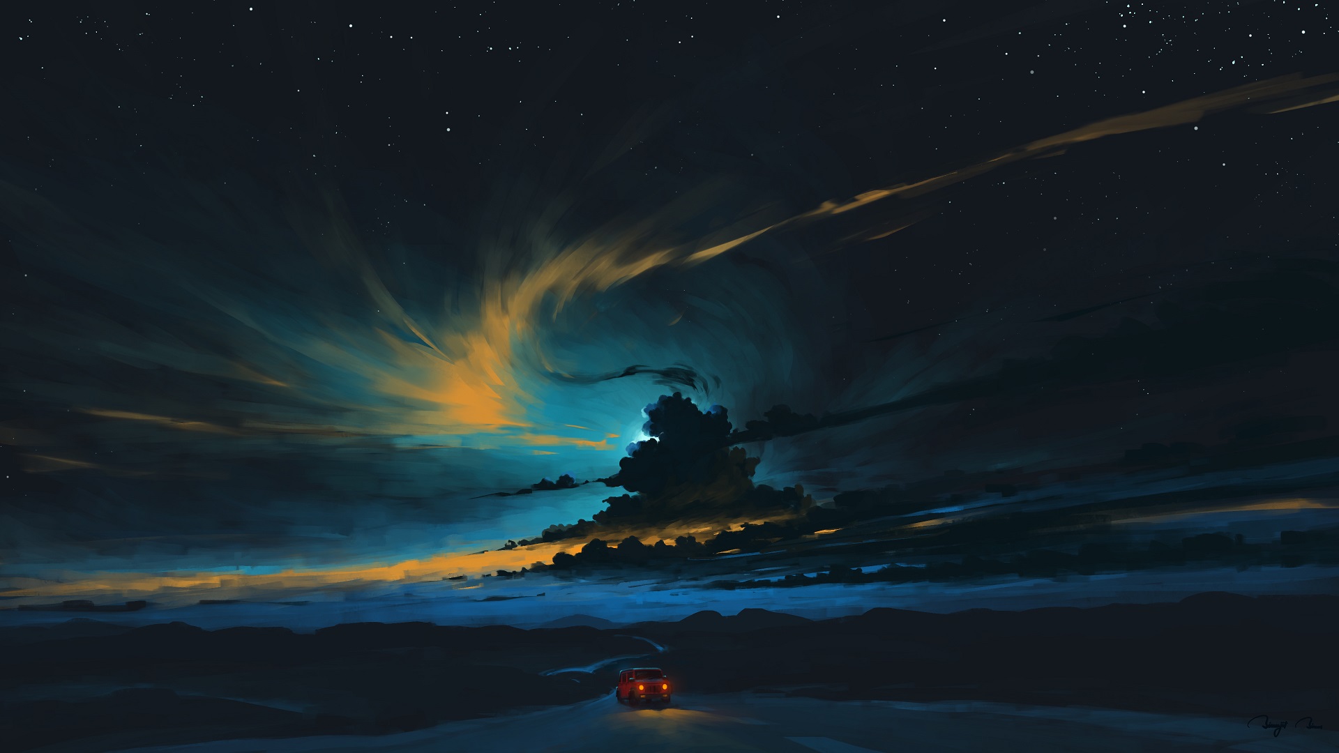 Digital Painting Landscape Night Car Sky BisBiswas 1920x1080
