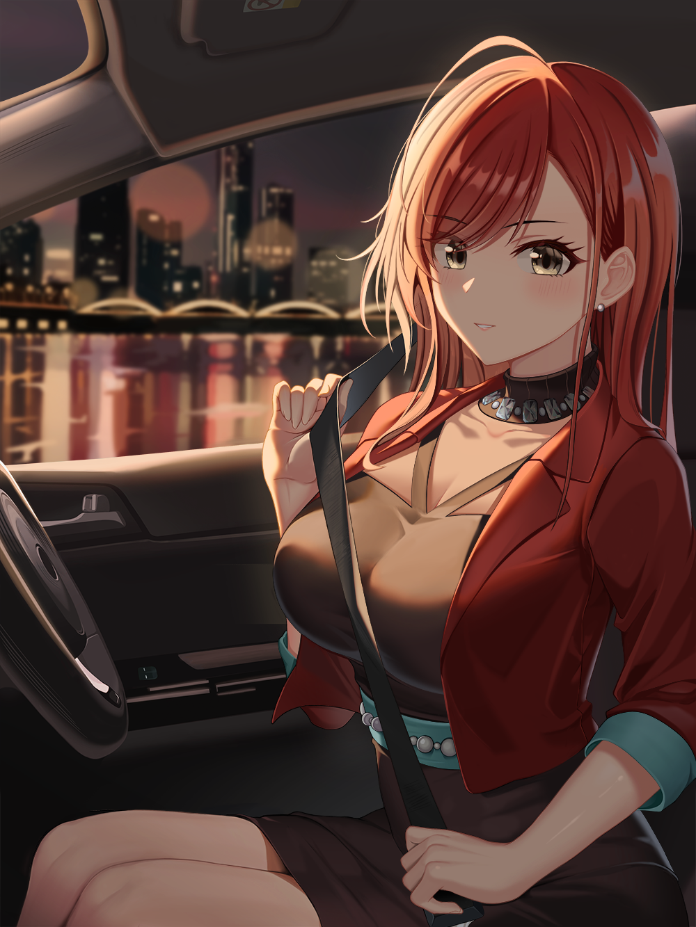 Anime Anime Girls Redhead Women With Cars Car Car Interior Looking At Viewer Yellow Eyes Dress Artwo 1000x1333