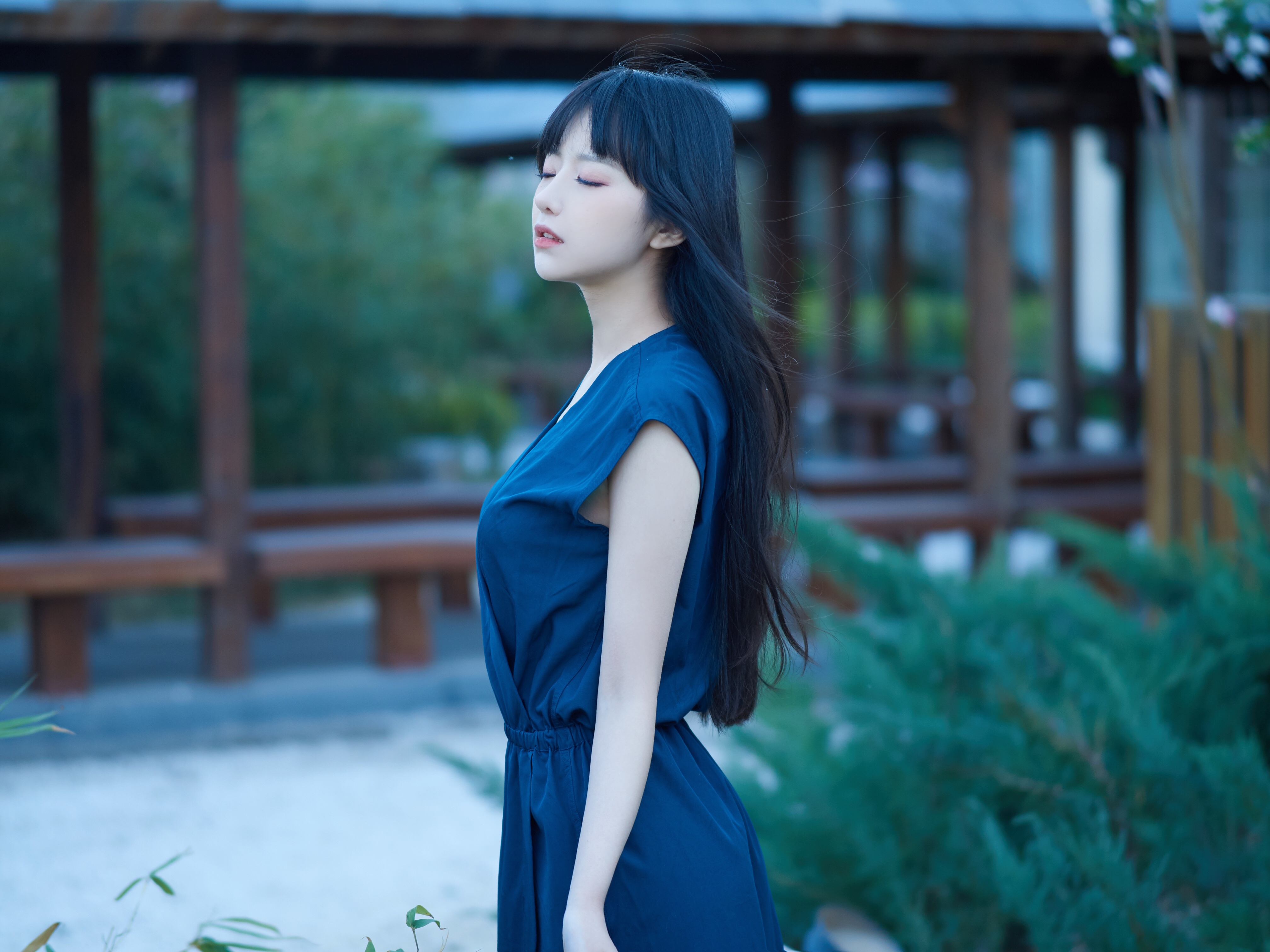 Asian Dress Outdoors Long Hair Black Hair Blue Dress Women Shika XiaoLu 4032x3024