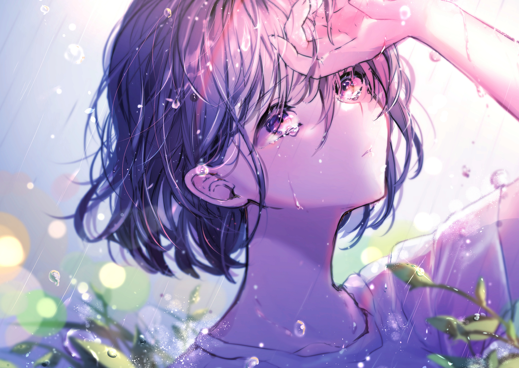 Anime Anime Girls Rain Crying Short Hair Purple Eyes Looking Away Dark Hair Water Drops Chigiri Kure 1748x1240