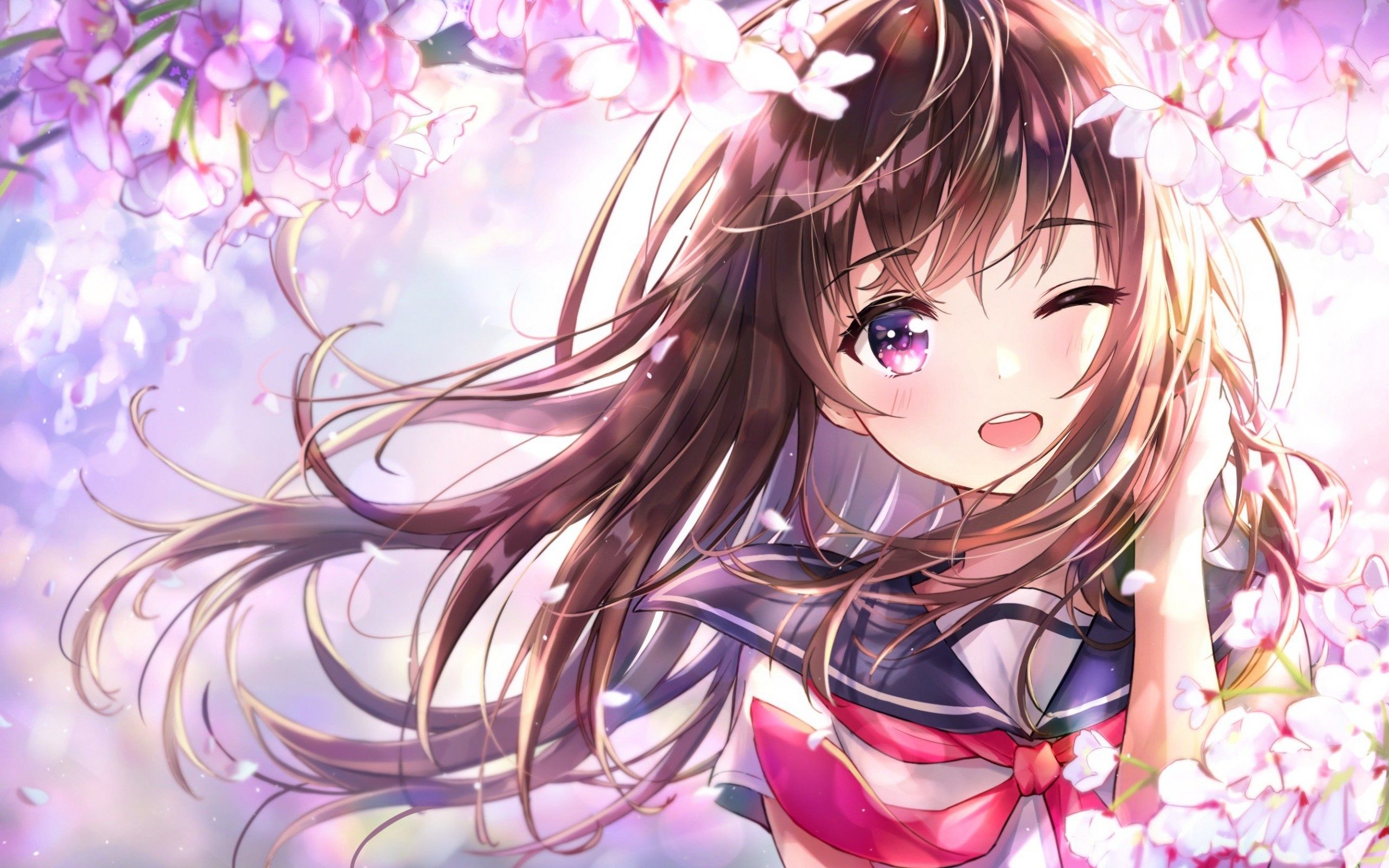 Anime Anime Girls Flowers Cherry Blossom School Uniform Brunette Long Hair Purple Eyes Artwork Hapon 2560x1600