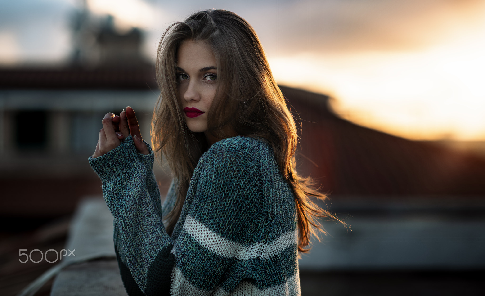 Nicola Davide Furnari Women Brunette Long Hair Makeup Red Lipstick Sweater Sunset Portrait 2048x1250