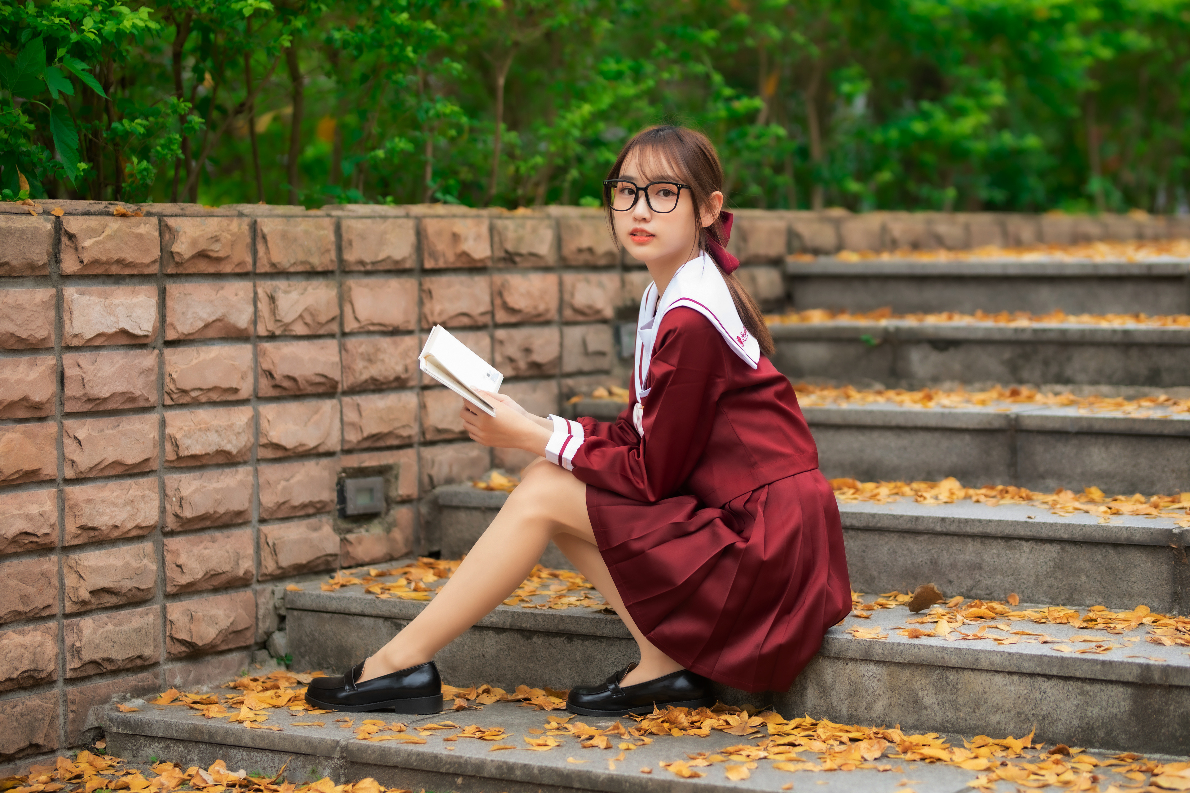 Asian Model Women Long Hair Dark Hair Depth Of Field Sitting School Uniform Glasses Hair Bows Ponyta 3840x2560