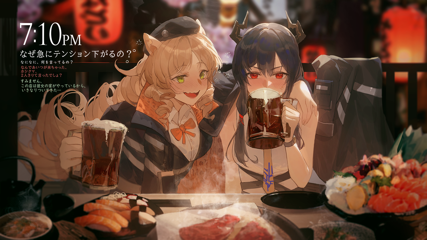 Kuroduki Anime Girls Beer Food Drinking Japanese Drunk Chen Arknights Swire Arknights Arknights 1500x844