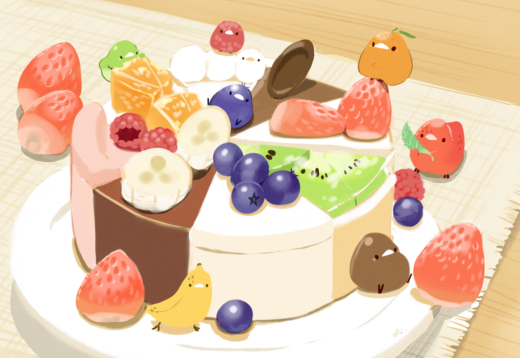Anime Food Strawberries Fruit Cake Blueberries Pineapple Birds Raspberries Bananas Kiwi Fruit 2000x1375