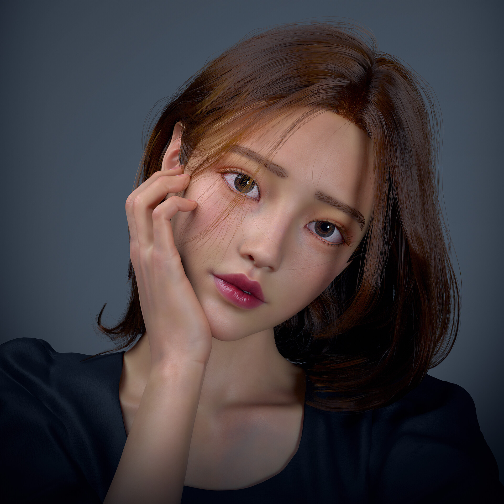 K Liao CGi Women Brunette Shoulder Length Hair Head Tilt Makeup Lipstick Asian Simple Background Bla 1920x1920