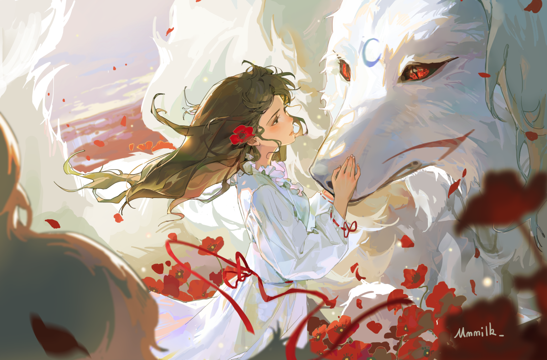 Anime Anime Girls Wolf Brunette Long Hair Red Eyes Flowers Petals Ribbons Poppies Sky Clouds Flower  1747x1151