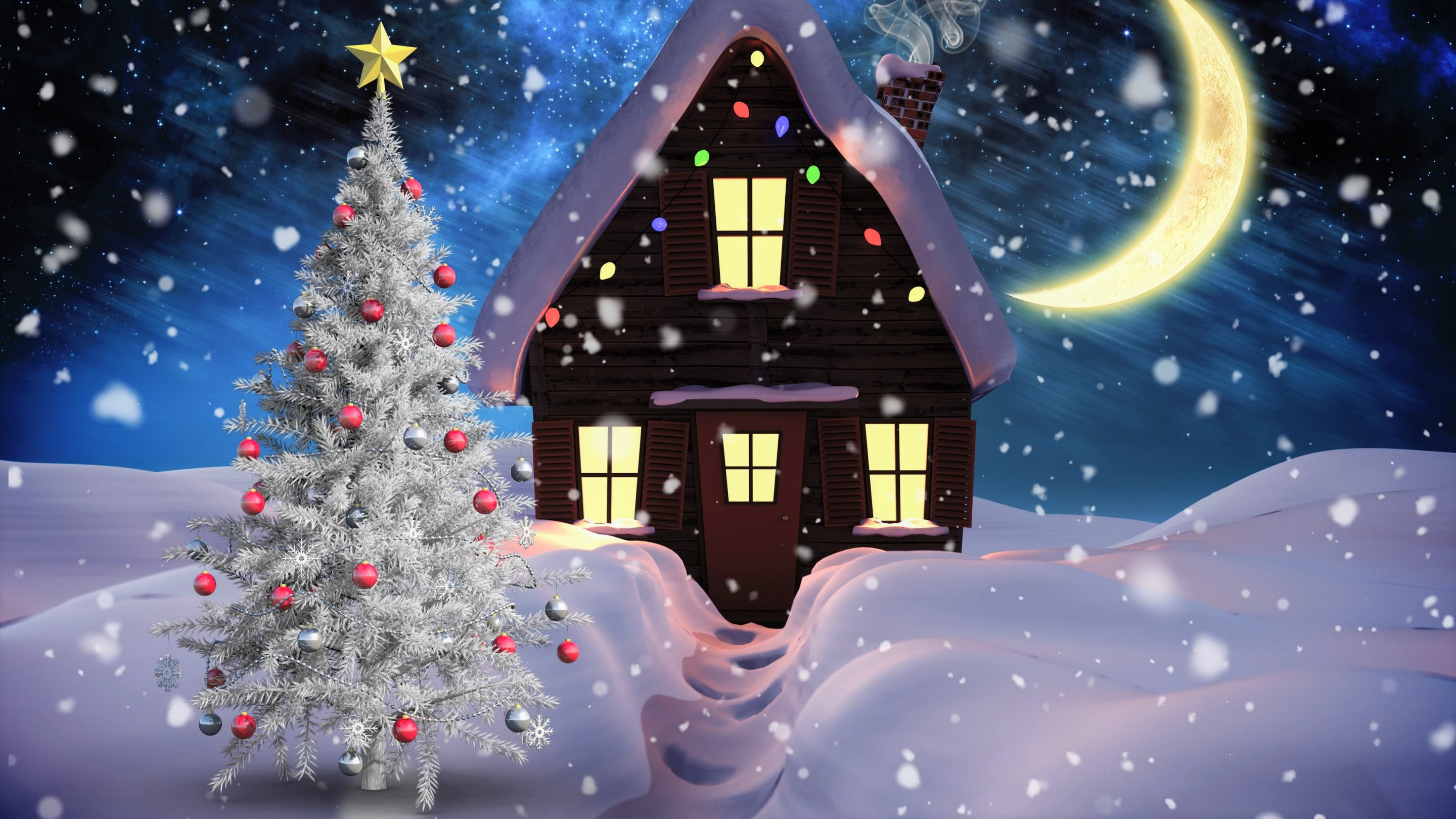 House Christmas Tree Snowfall Snow Moon Crescent 2880x1620