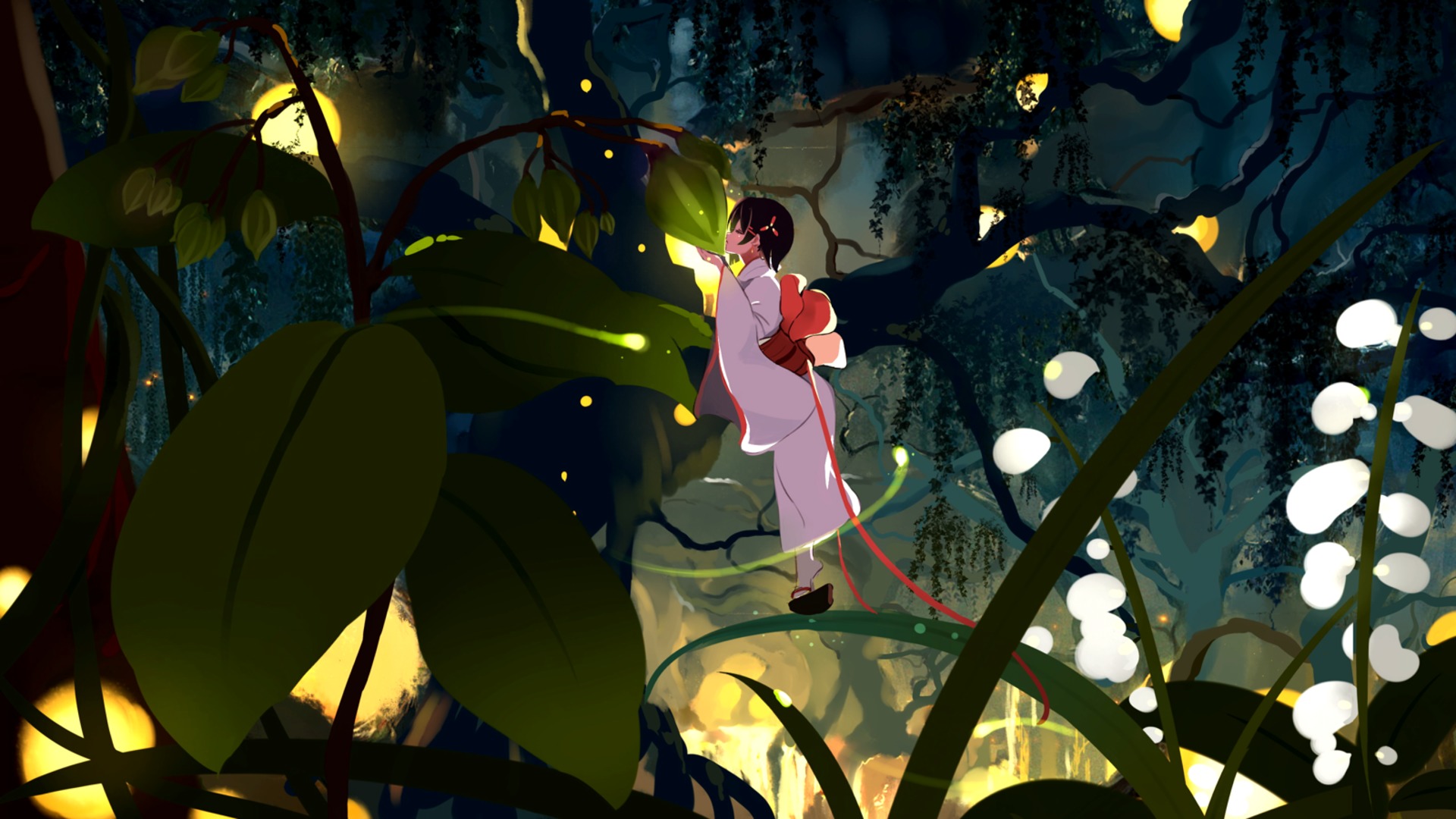 Little Girl Forest Nature Drinking Firefly 1920x1080