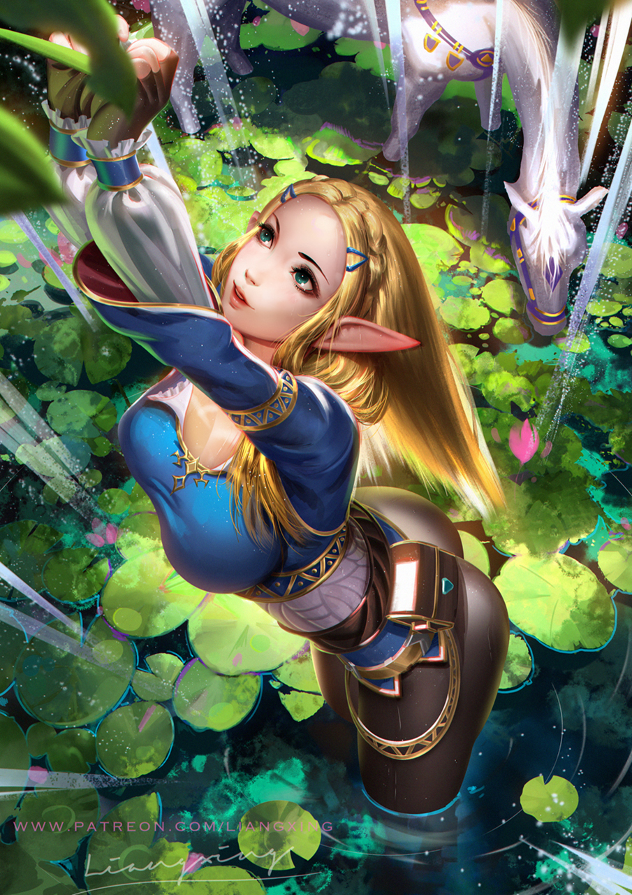 Liang Xing Drawing Zelda Women Blonde Long Hair Straight Hair Blue Clothing Swamp Horse Fantasy Art  905x1280