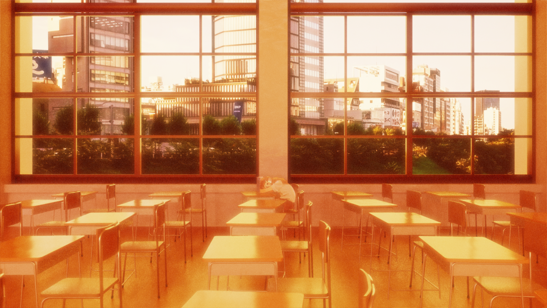 Classroom Sleeping Resting Head Afternoon City Window Anime Girls Desk 1920x1080