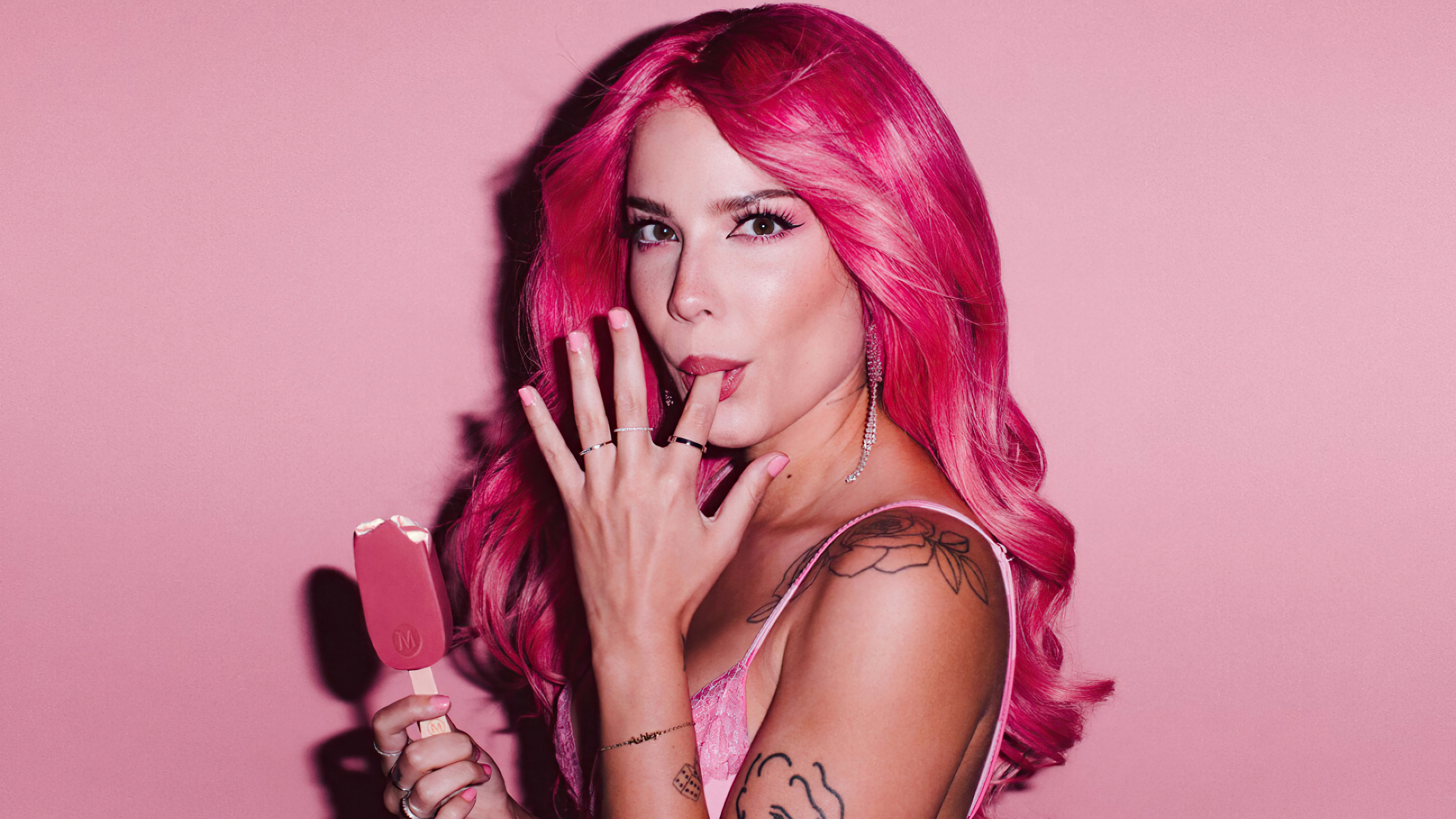 Halsey Magnum Ice Cream Food Singer Pink Tattoo Women Pink Hair 3840x2160