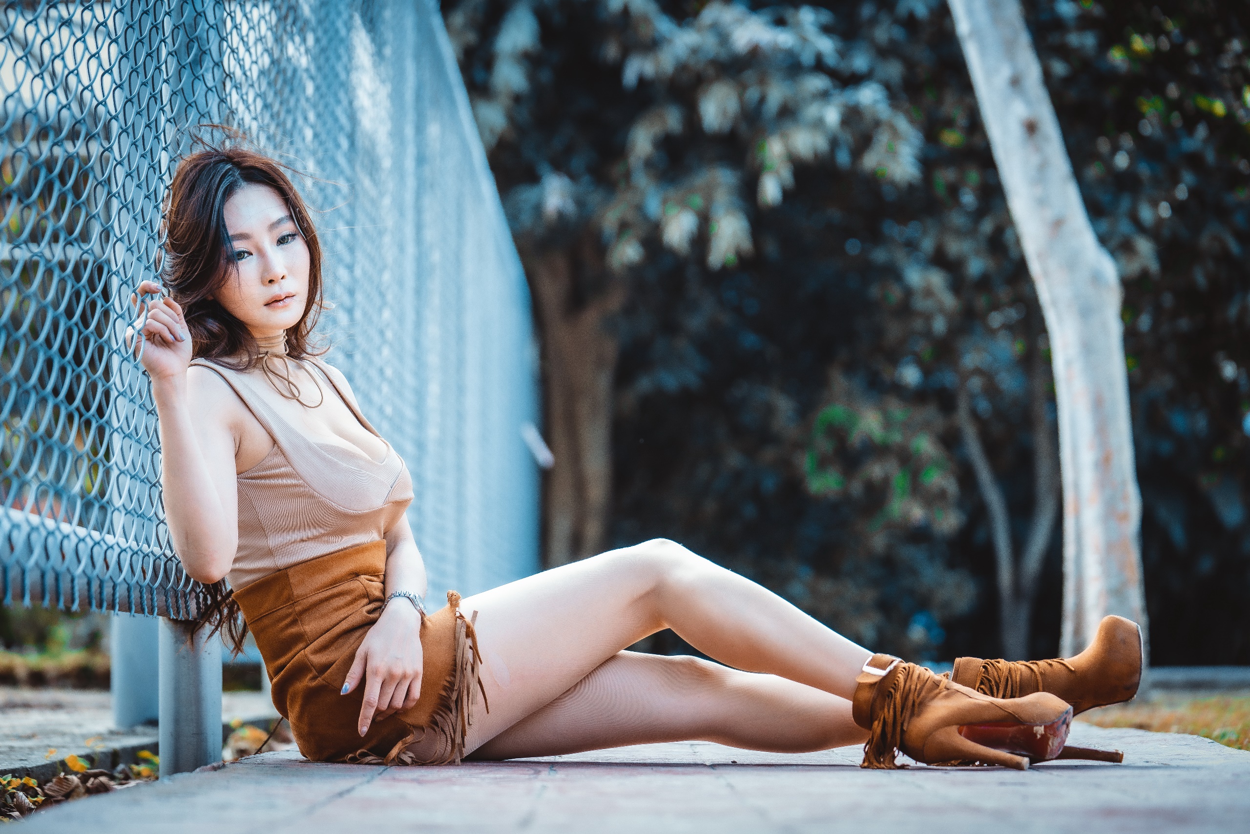Asian Women Model Heels Legs Looking Away Urban Fence Women Outdoors Sitting 2560x1708