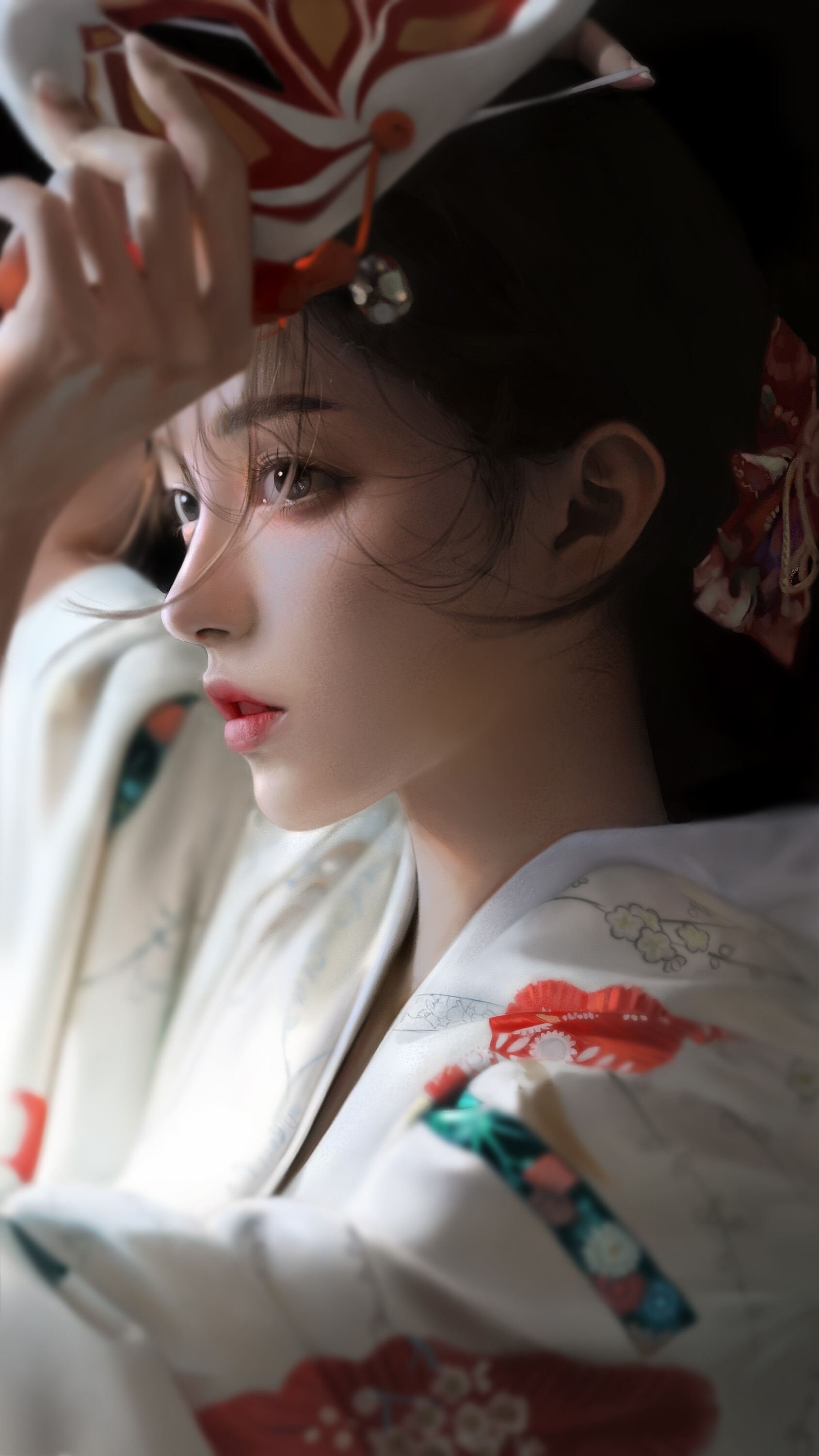 J Won Han Drawing Women Asian Mask Brunette Looking Away Portrait Dress White Clothing 1689x3000