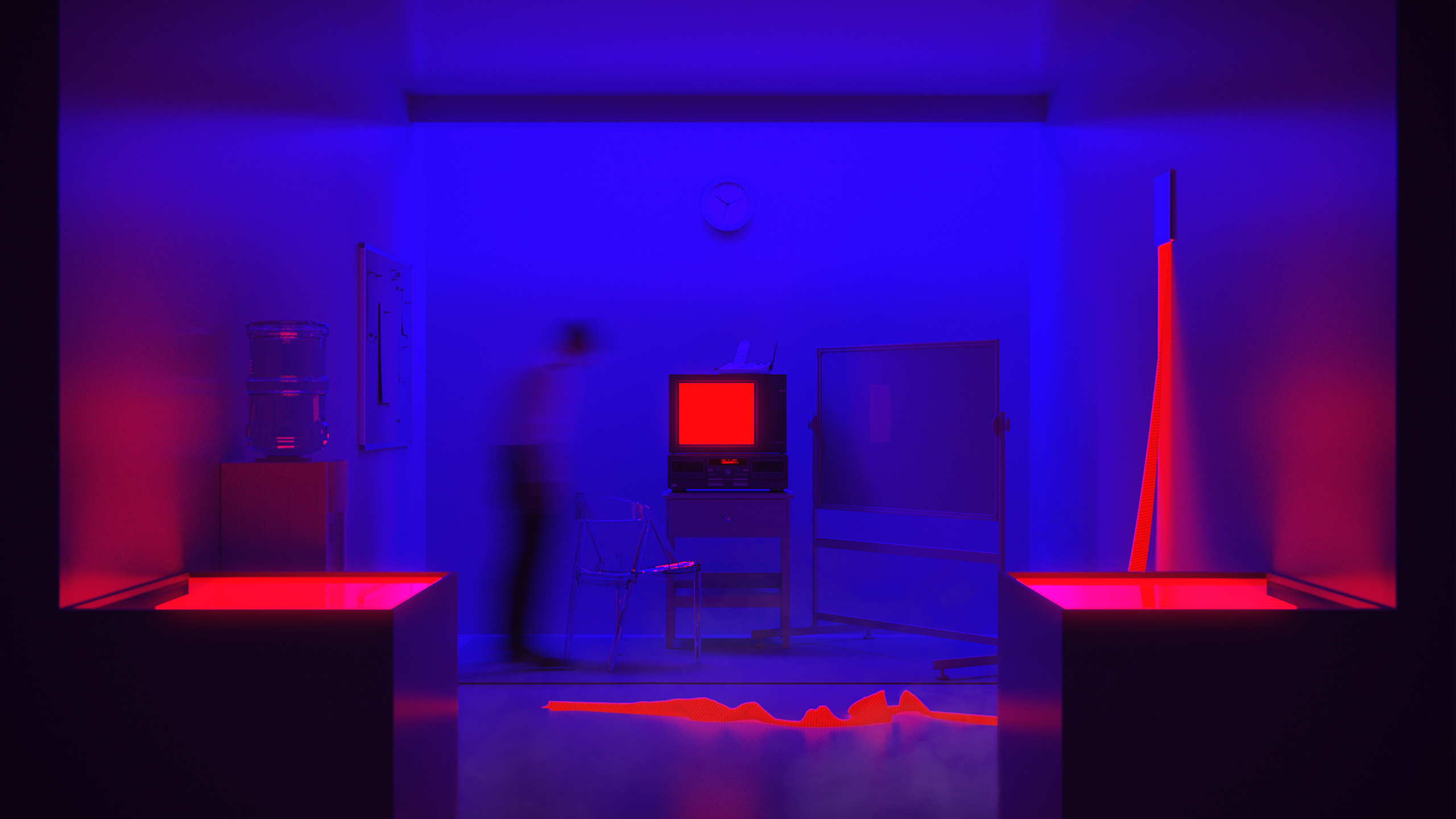 Neon Neon Lights CGi Digital Art Render Red Blue TV Office Abstract 2560x1439