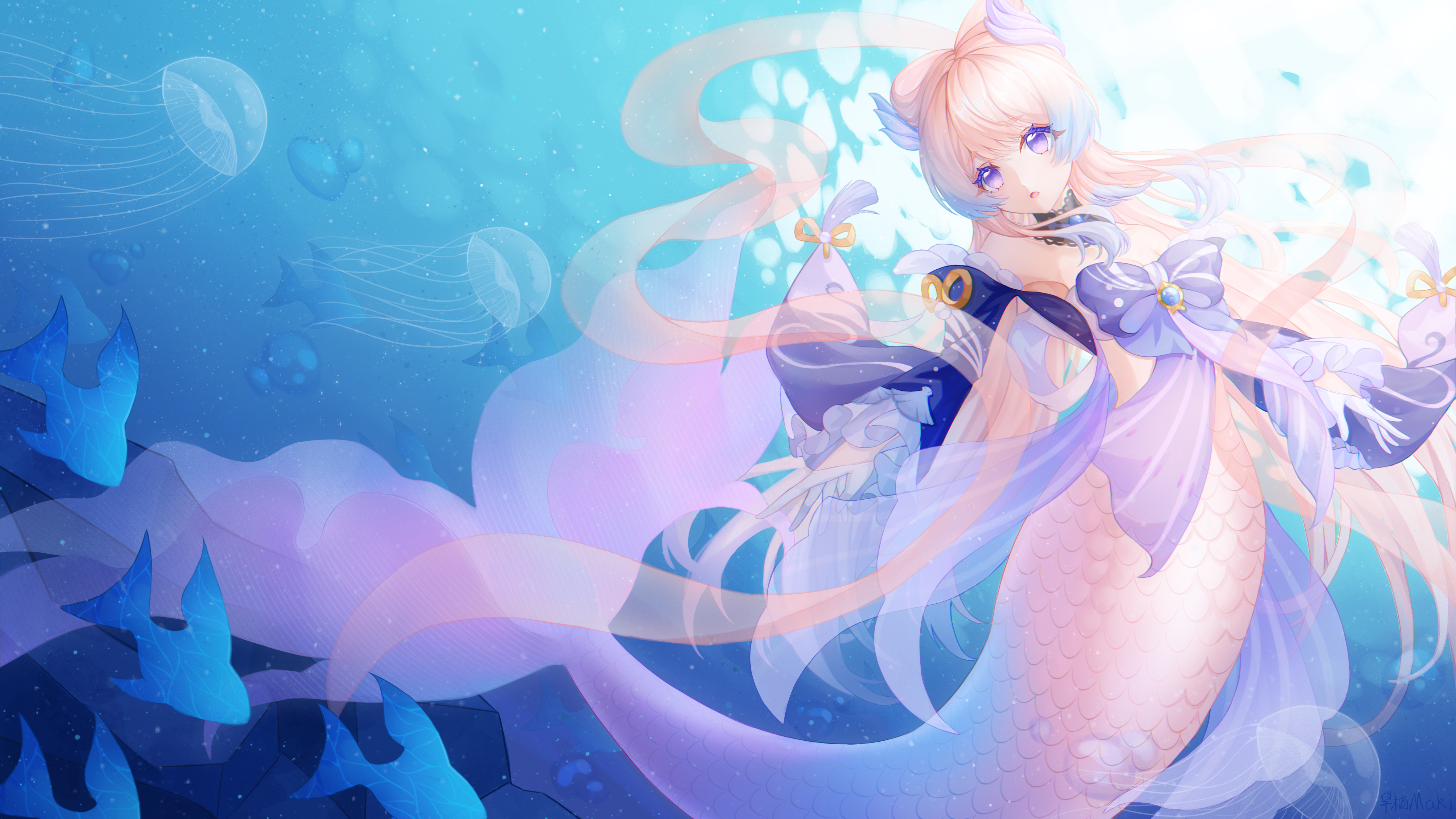 Anime Anime Girls Cyan Background Creature Mermaids Underwater Fish Purple Eyes Long Hair Sea Life M 4724x2657