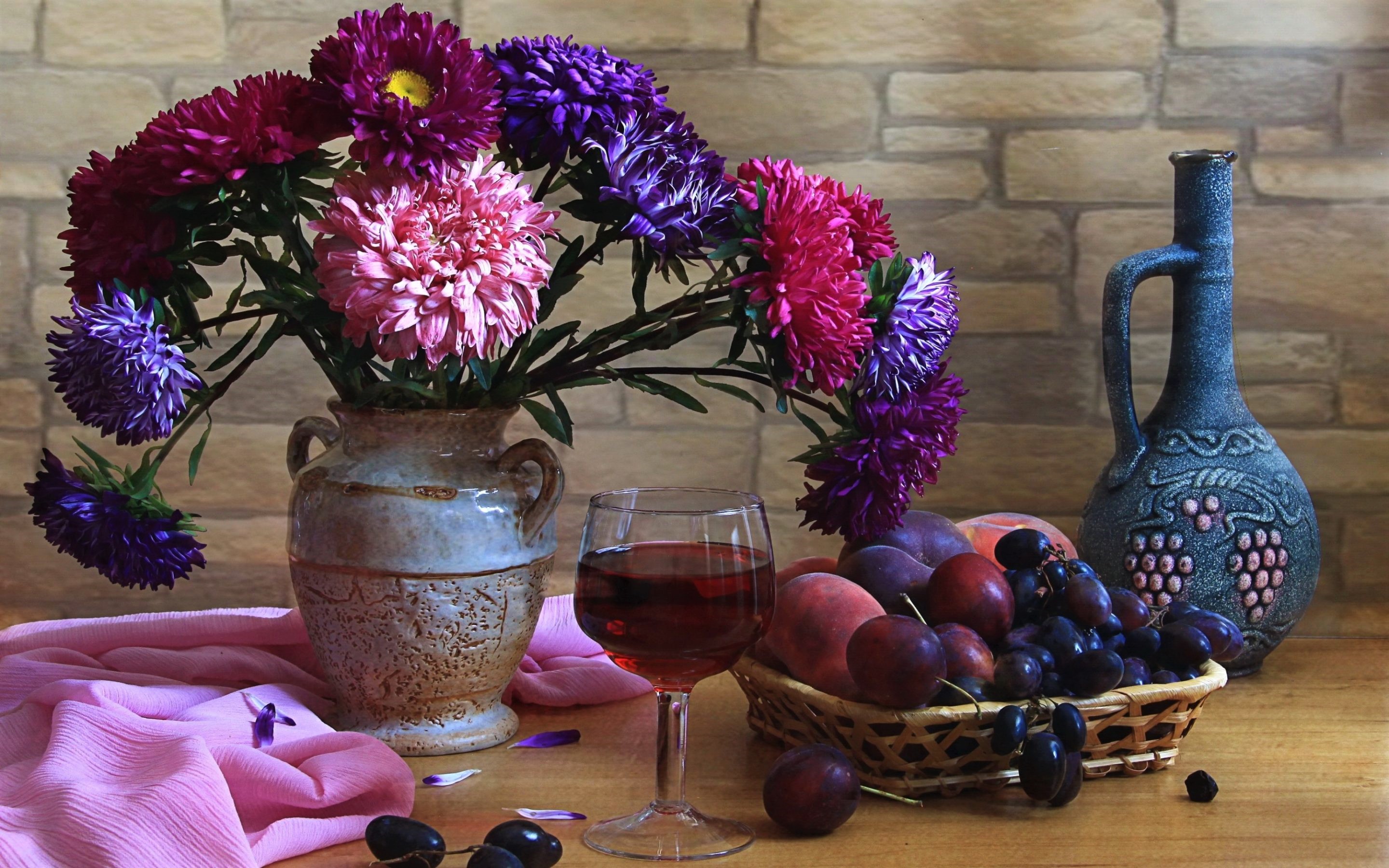 Basket Bottle Flower Fruit Glass Pink Flower Purple Flower Vase 2880x1800
