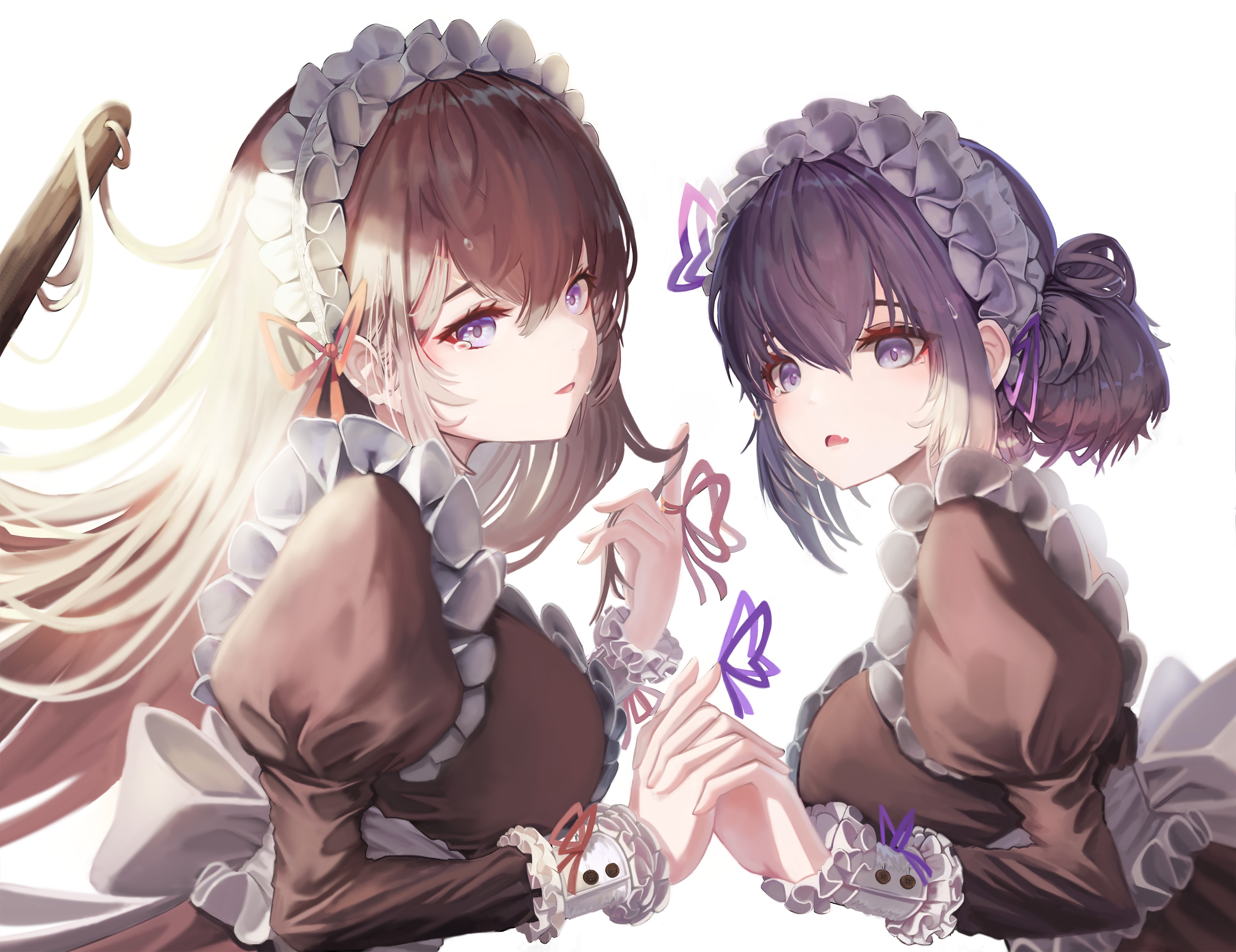Anime Anime Girls L4timeria Artwork Maid Maid Outfit Brunette Purple Hair Purple Eyes Holding Hands 3780x2912