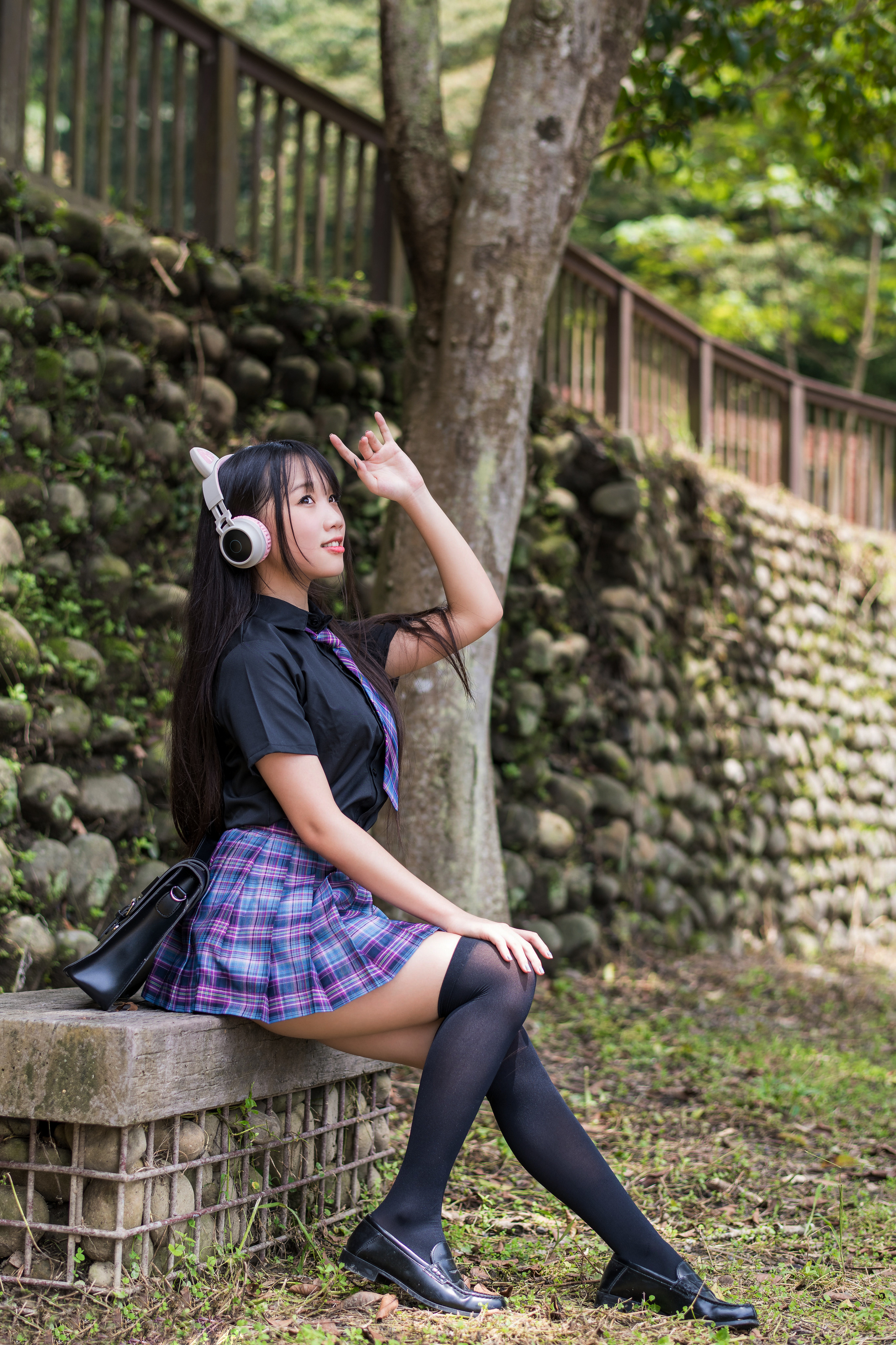 Asian Model Women Long Hair Dark Hair Headsets Stone Wall Knee High Socks School Uniform Trees Depth 2560x3840
