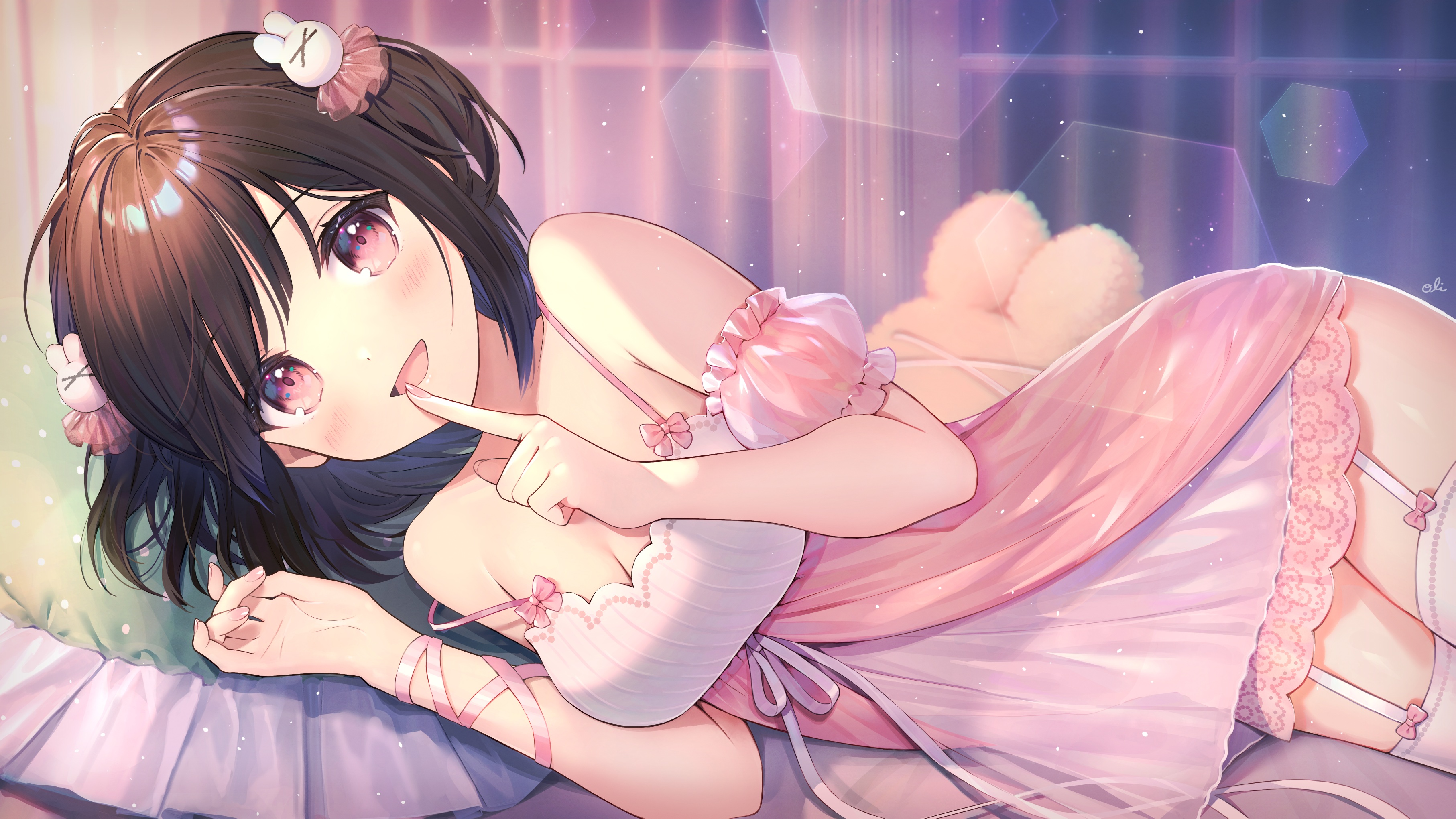 Anime Anime Girls Oli Artist Artwork Brunette Pink Eyes In Bed Lying On Side Nightgown Thigh Highs 3628x2041