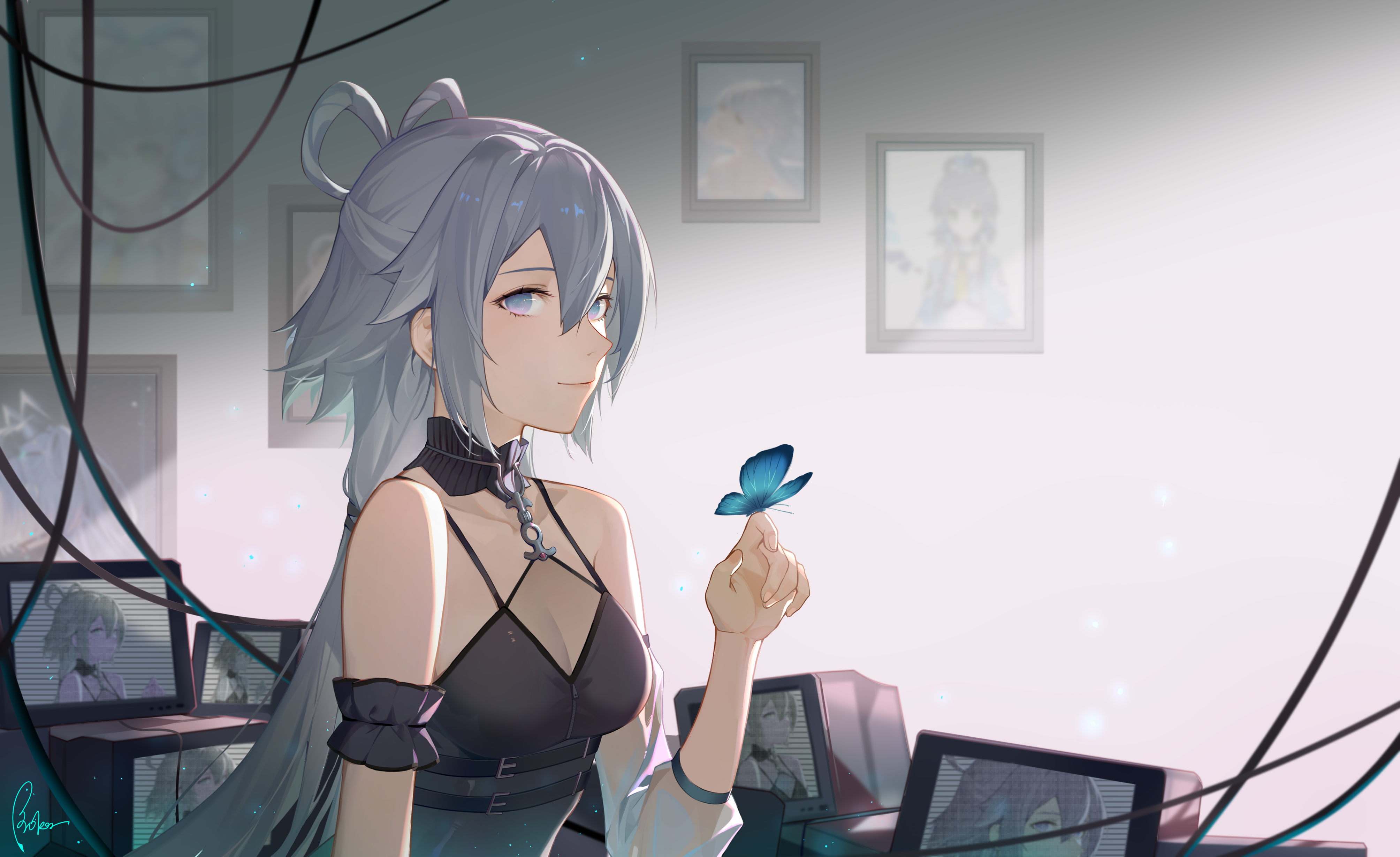 Anime Anime Girls Vocaloid Wires Long Hair TV Photo Frame Wall Smiling Luo Tianyi Grey Hair Gray Eye 4016x2457