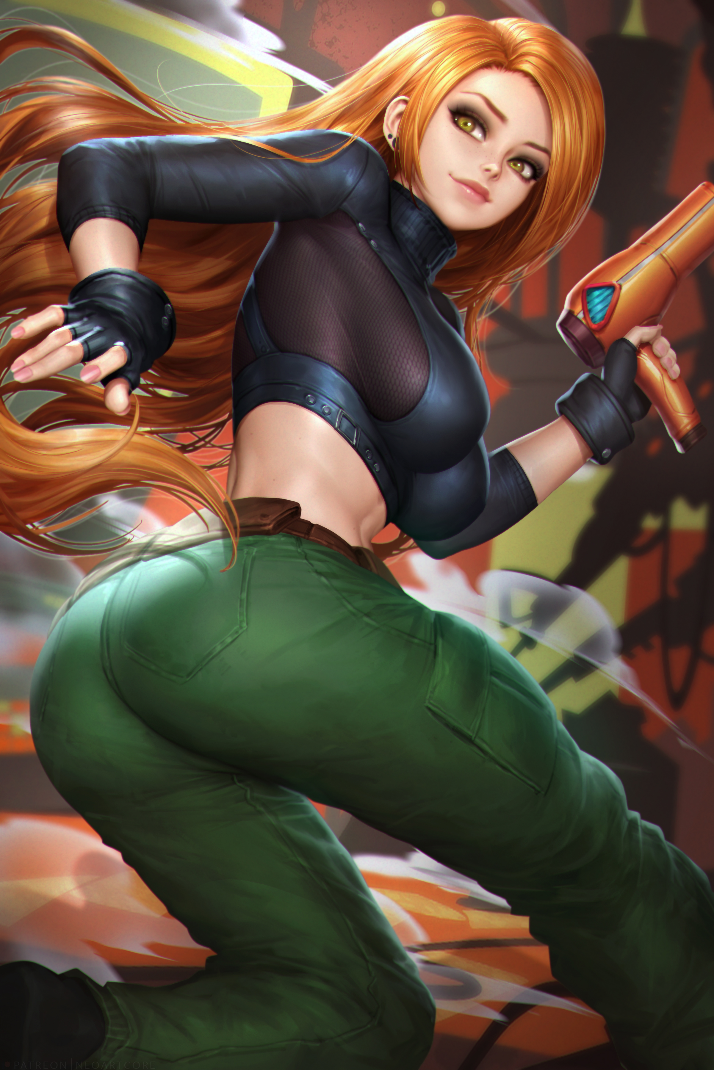 Kim Possible Cartoon Fictional Character Redhead Long Hair Freckles Black Tops Pants Vertical Artwor 2400x3597