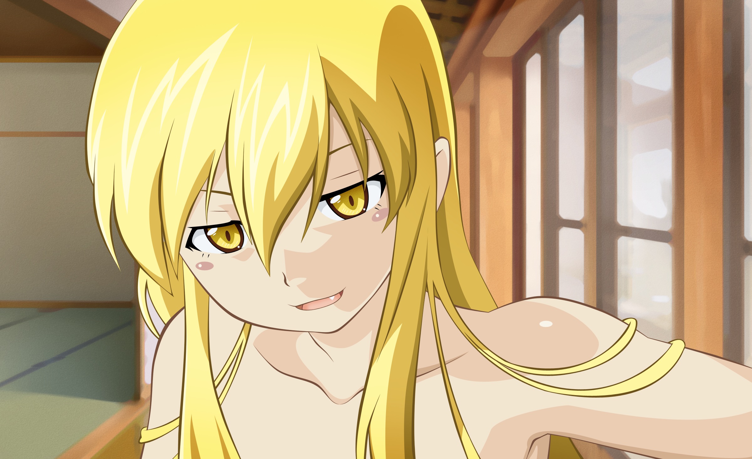 Monogatari Series Oshino Shinobu Anime Anime Girls Yellow Eyes Bare Shoulders Indoors Face Morrow Bl 2400x1466