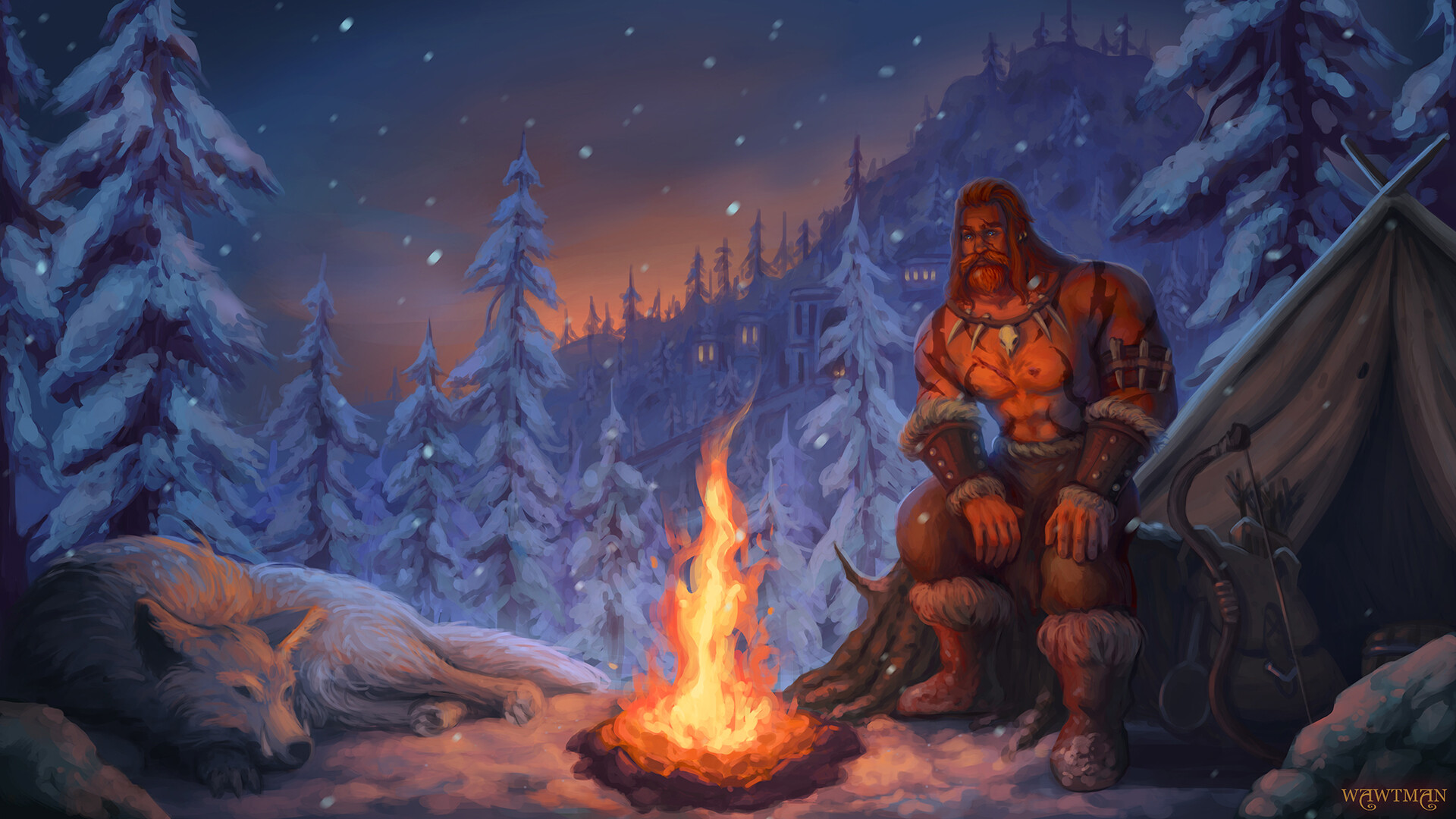 Digital Art Digital Ilya Vatutin Campfire Snow Snowing Forest Trees Wolf World Of Warcraft Classic I 1920x1080