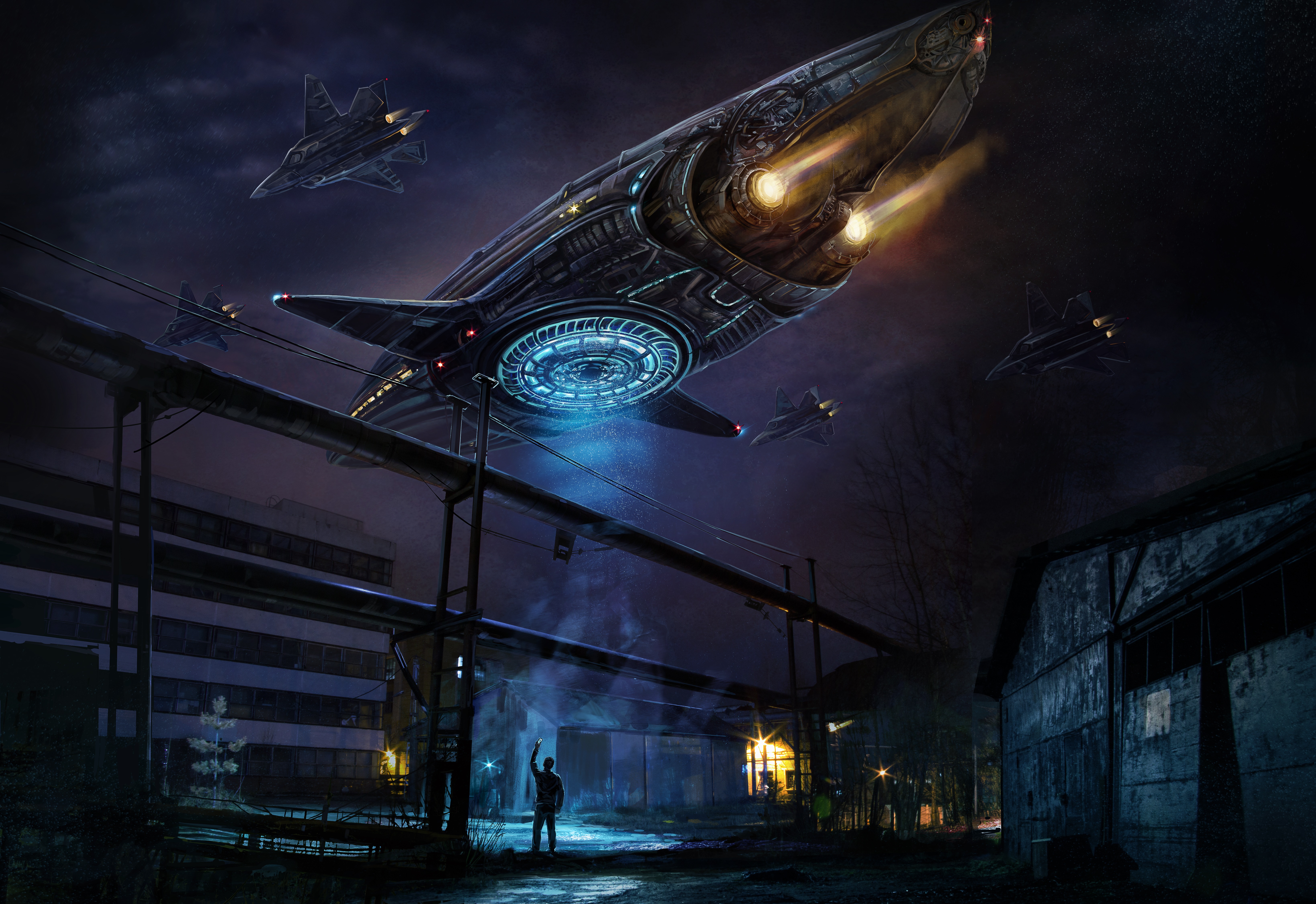 Spaceship Artwork Digital Art Science Fiction Night Futuristic Concept Art Glowing Lights Slum Flyin 6554x4500