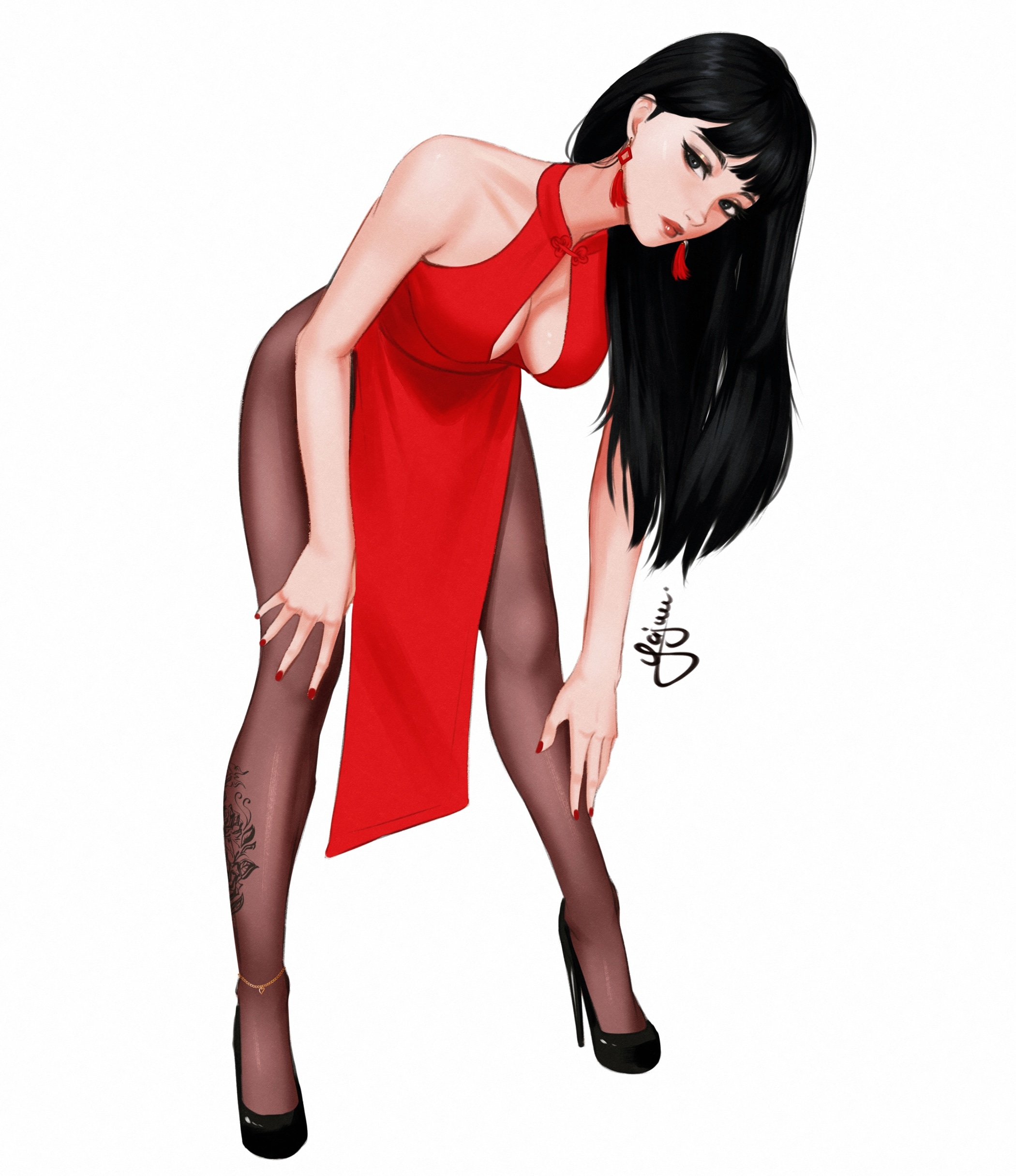 Yajuu Women Dark Hair Black Hair Dark Eyes Black Eyes Long Earings Dress Red Dress Tight Dress Tight 2100x2431