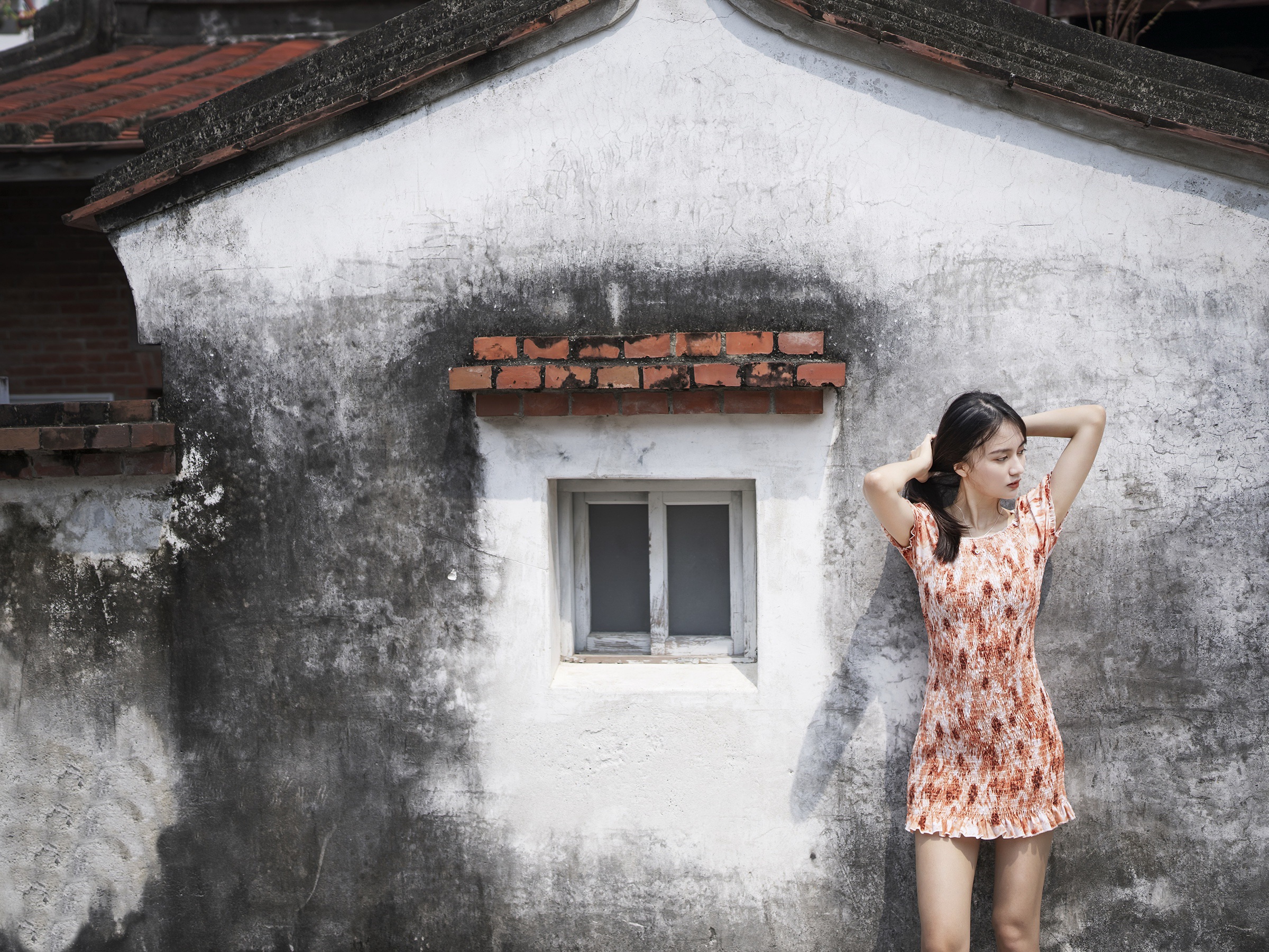 Asian Model Women House Wall Black Hair Standing Dress Summer Dress Arms Up Looking Away 2400x1800