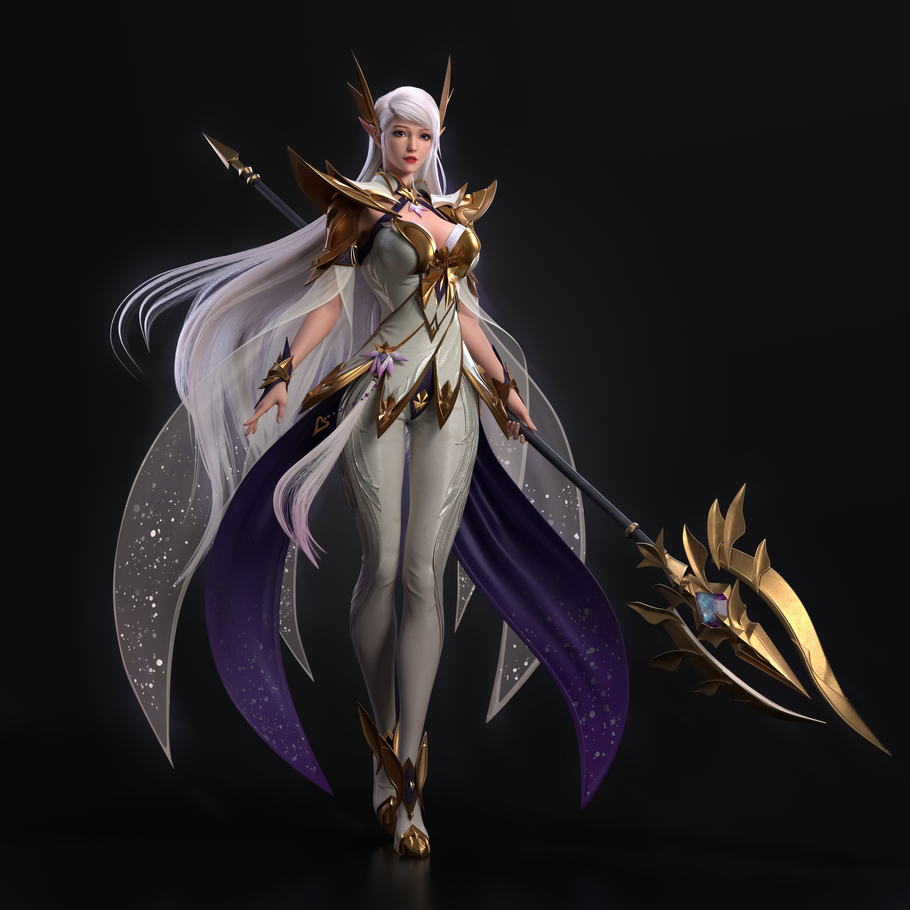 Cifangyi CGi Women Elves Pointy Ears Dress White Clothing Purple Clothing Staff Weapon Walking Dark  3840x3840