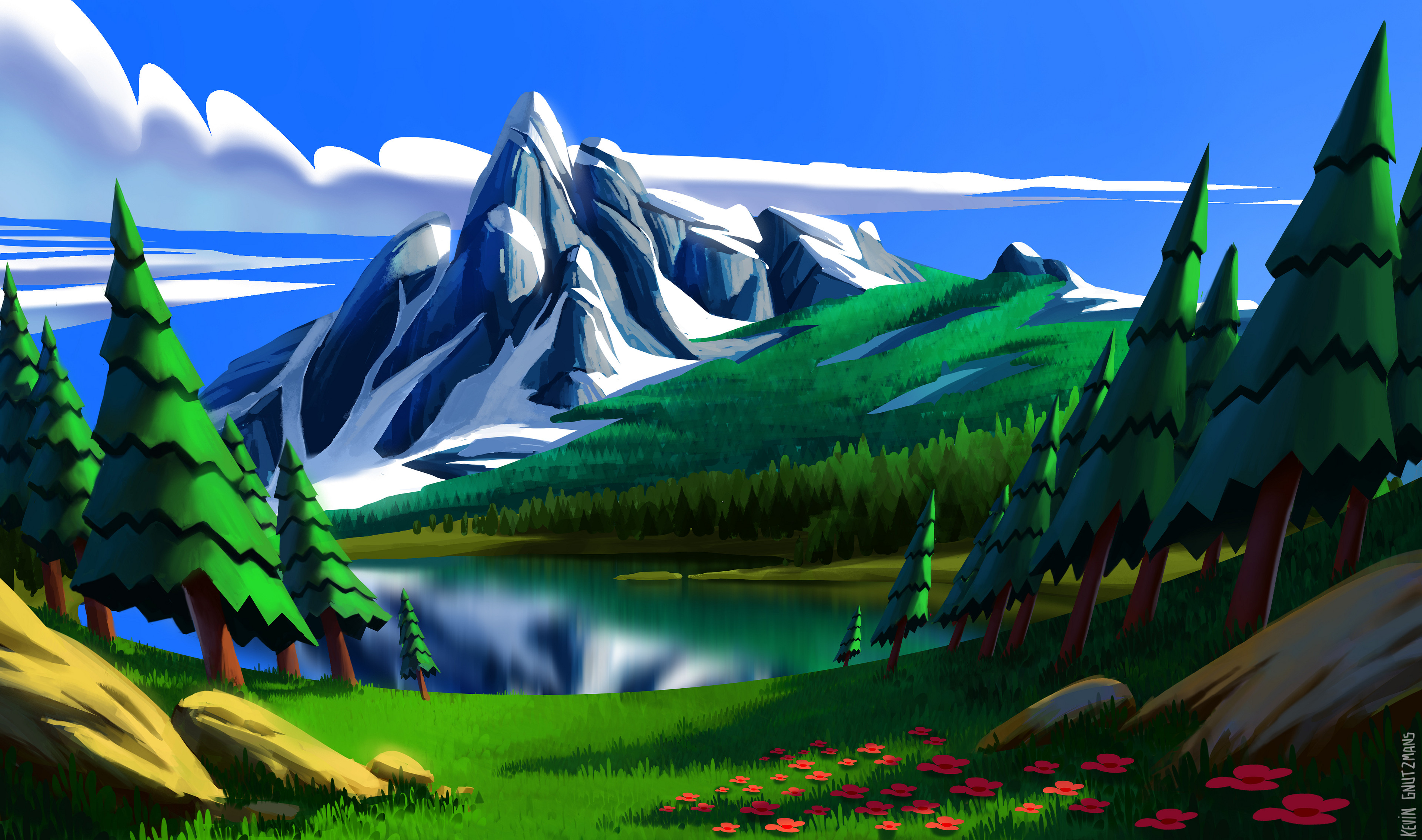 Kevin Gnutzmans Digital Art Nature Lake Mountains Trees Sky Clouds Flowers Painting Digital Painting 3840x2269