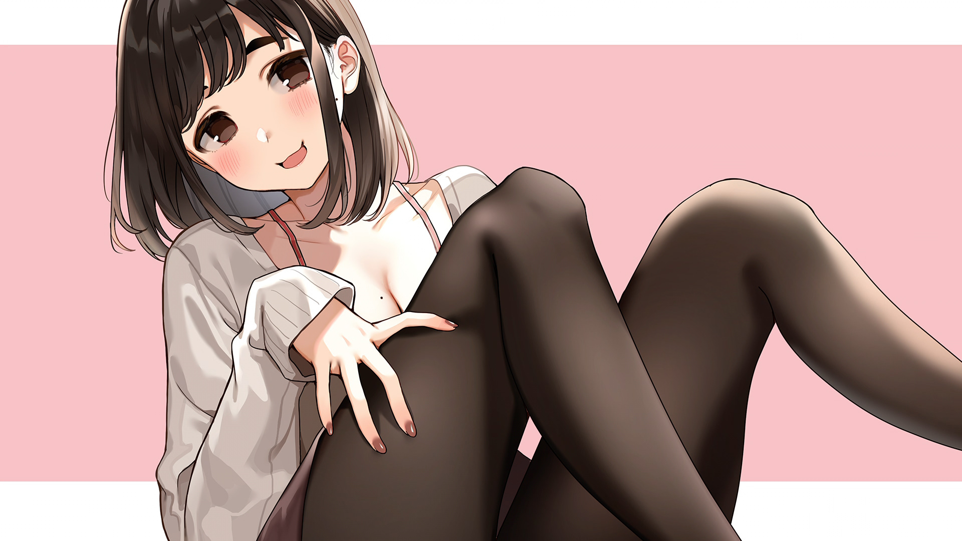 Anime Anime Girls Painted Nails Smiling Legs Brunette Looking At Viewer Simple Background 1920x1080