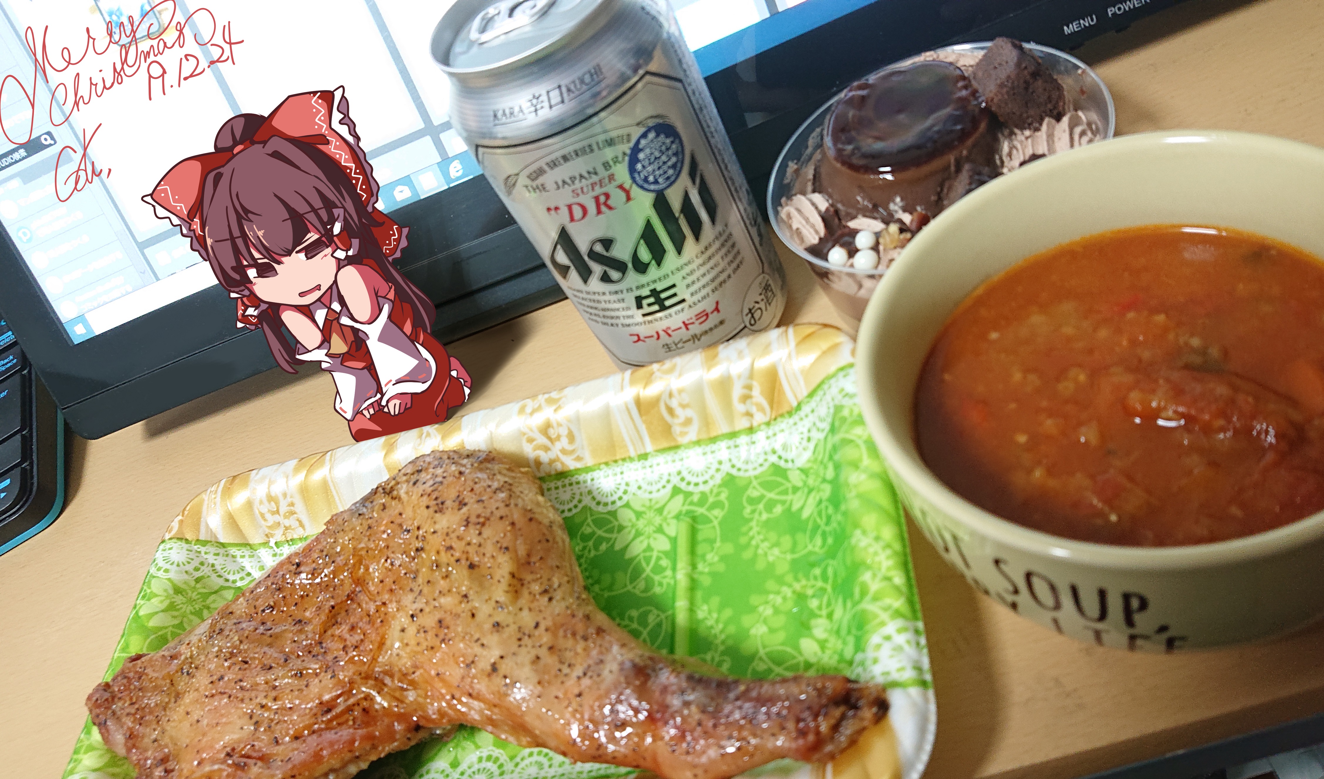 Anime Anime Girls Touhou Hakurei Reimu Food Chicken Wings Beer 4509x2654