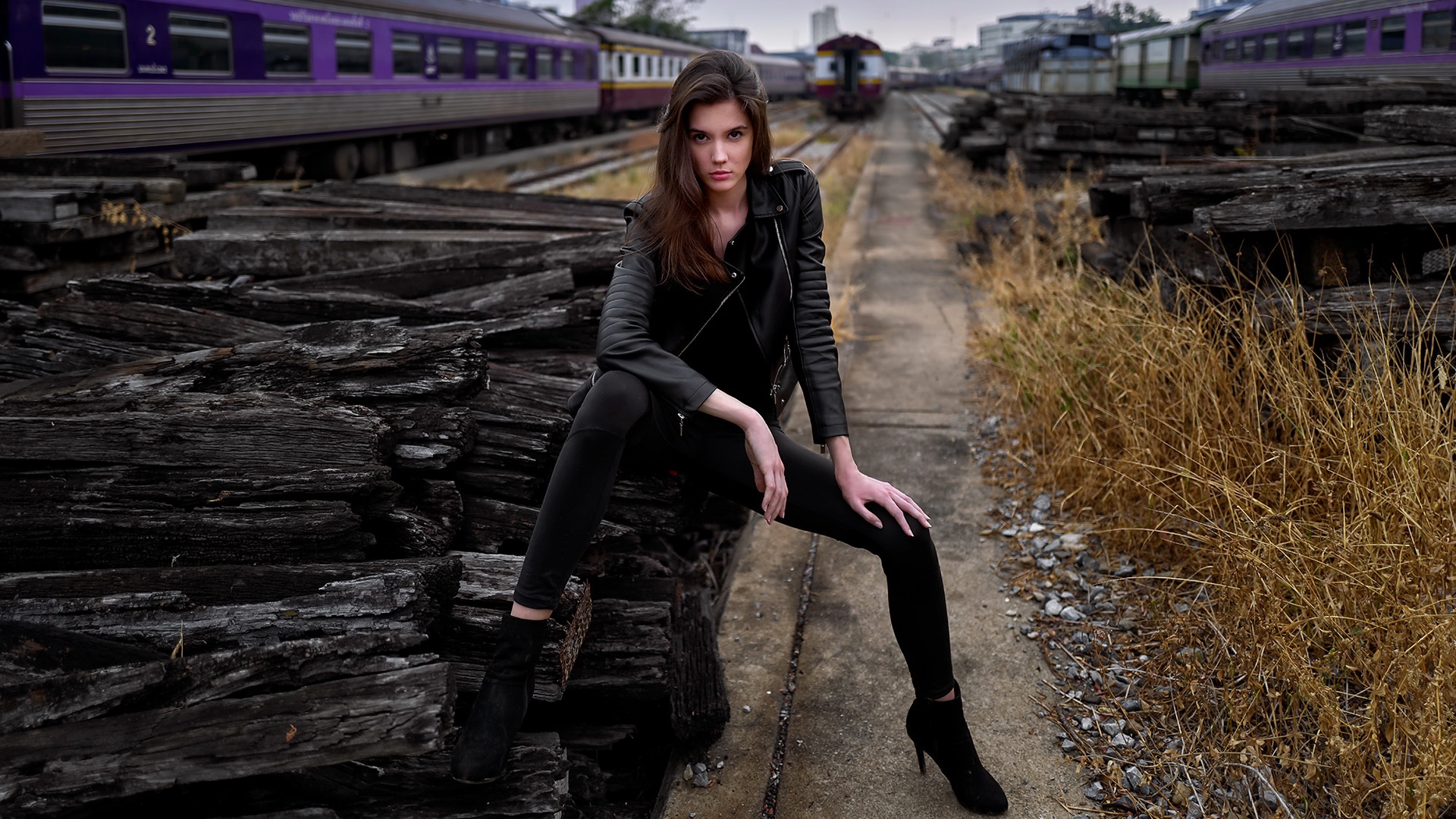 Women Model Women Outdoors Train Vehicle Heels Brunette Black Clothing Leather Jacket Black Pants Ha 1920x1080