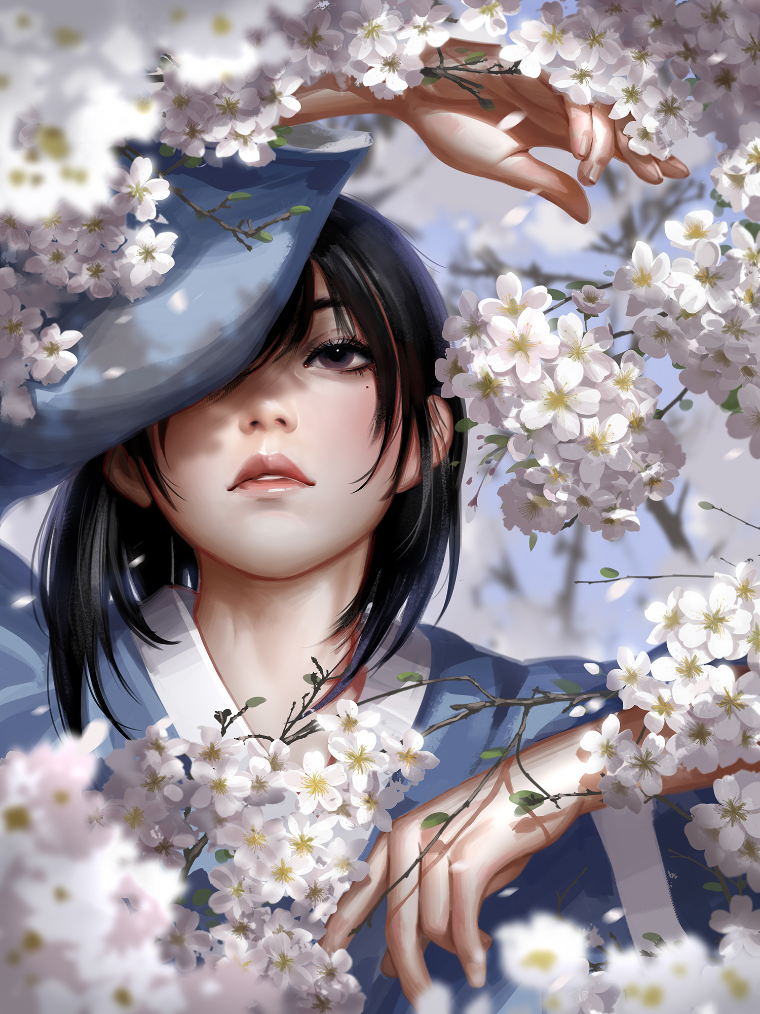 Women Original Characters Brunette Looking At Viewer Parted Lips Flowers Cherry Blossom Portrait Dis 1500x2000