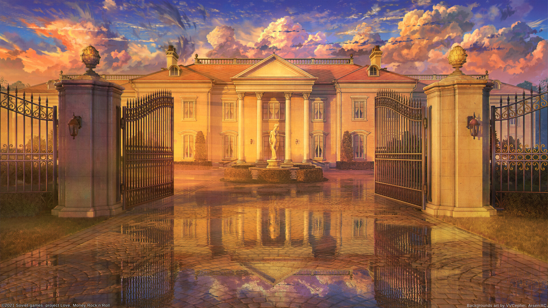 Arseniy Chebynkin Digital Art Mansion Fountain Statue Microsoft Windows Gates Reflection Clouds 1920x1080