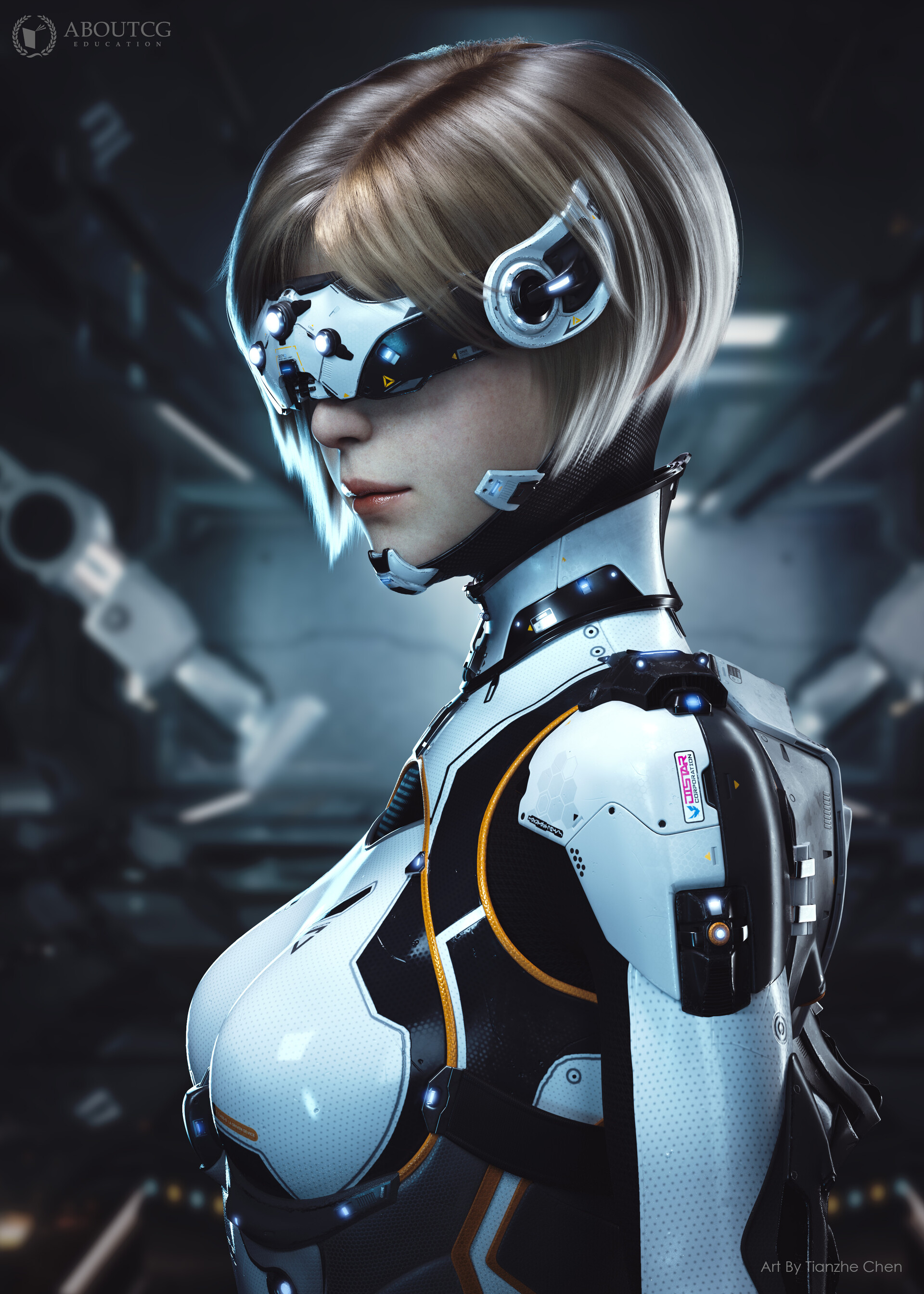 C Skydog Women Cyborg Cyberpunk Short Hair Digital Art Portrait Display ArtStation Gynoid 1920x2688