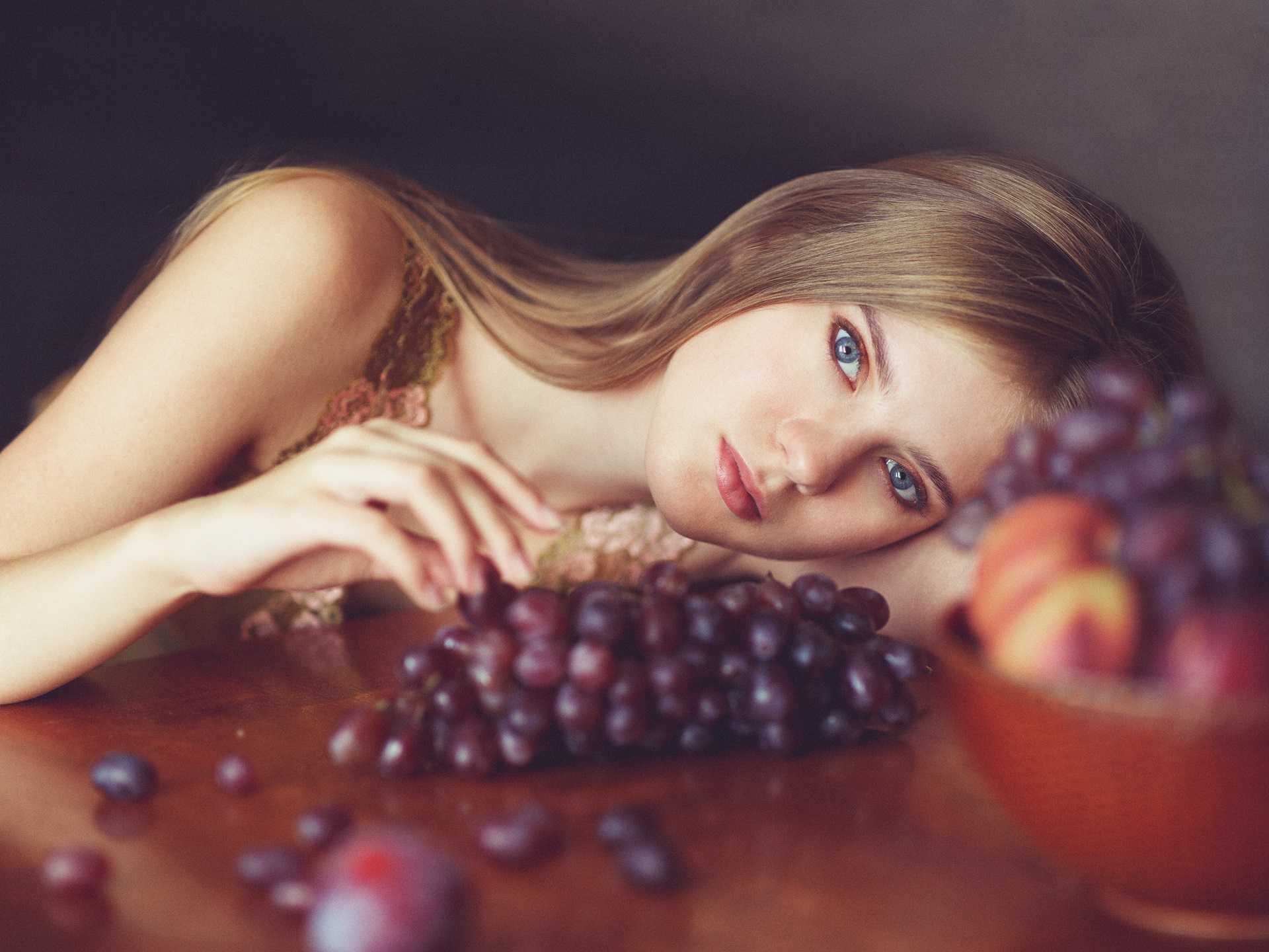 Oxana Vedmedenko Women Brunette Blue Eyes Resting Head Fruit Grapes Depth Of Field Portrait 1920x1440