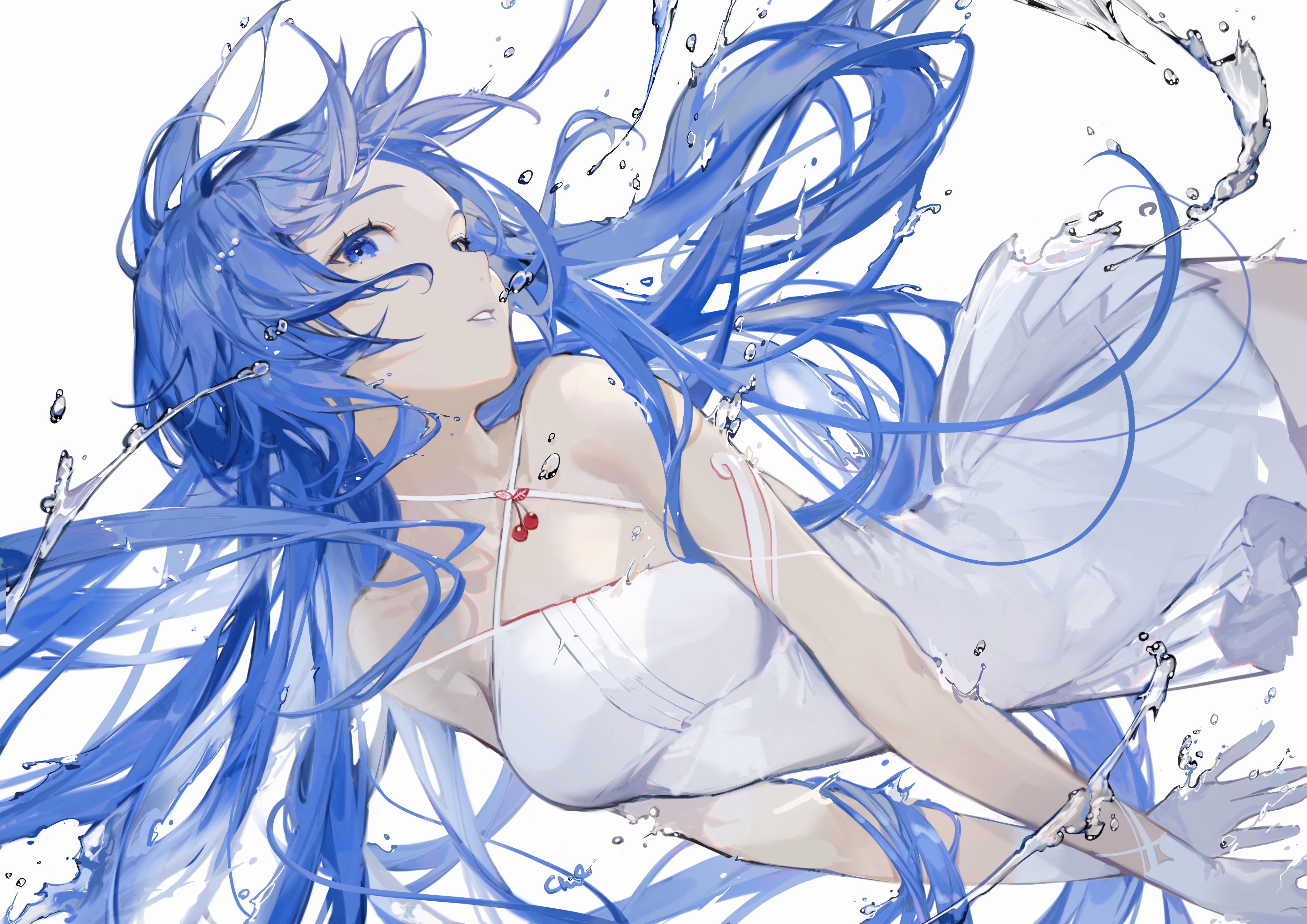 Anime Anime Girls Water Splash Water Water Drops White Background Blue Hair Long Hair Blue Eyes Whit 4093x2894