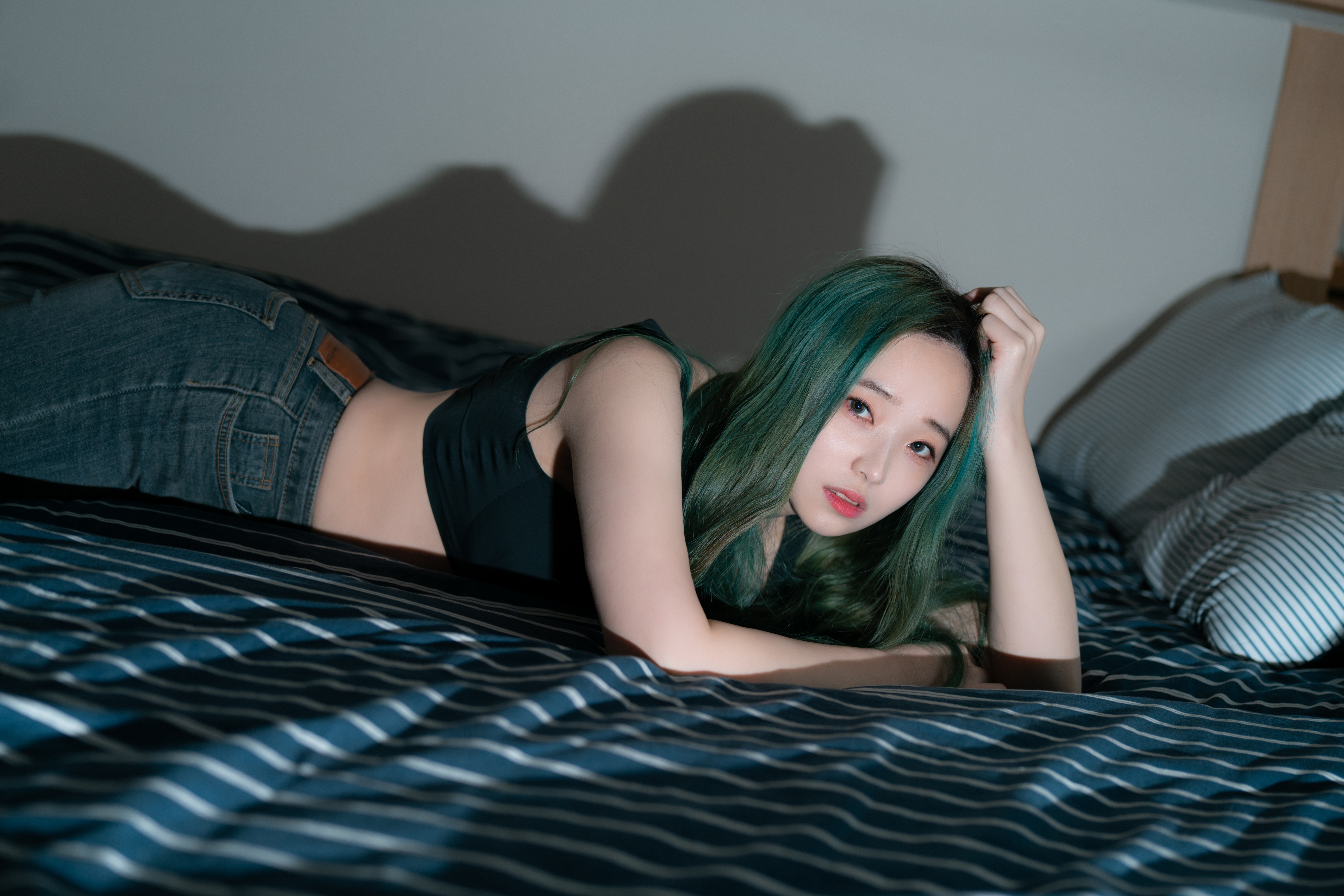 Women Model Asian Casual Black Top Jeans Indoors Women Indoors Looking At Viewer In Bed Parted Lips 6000x4000