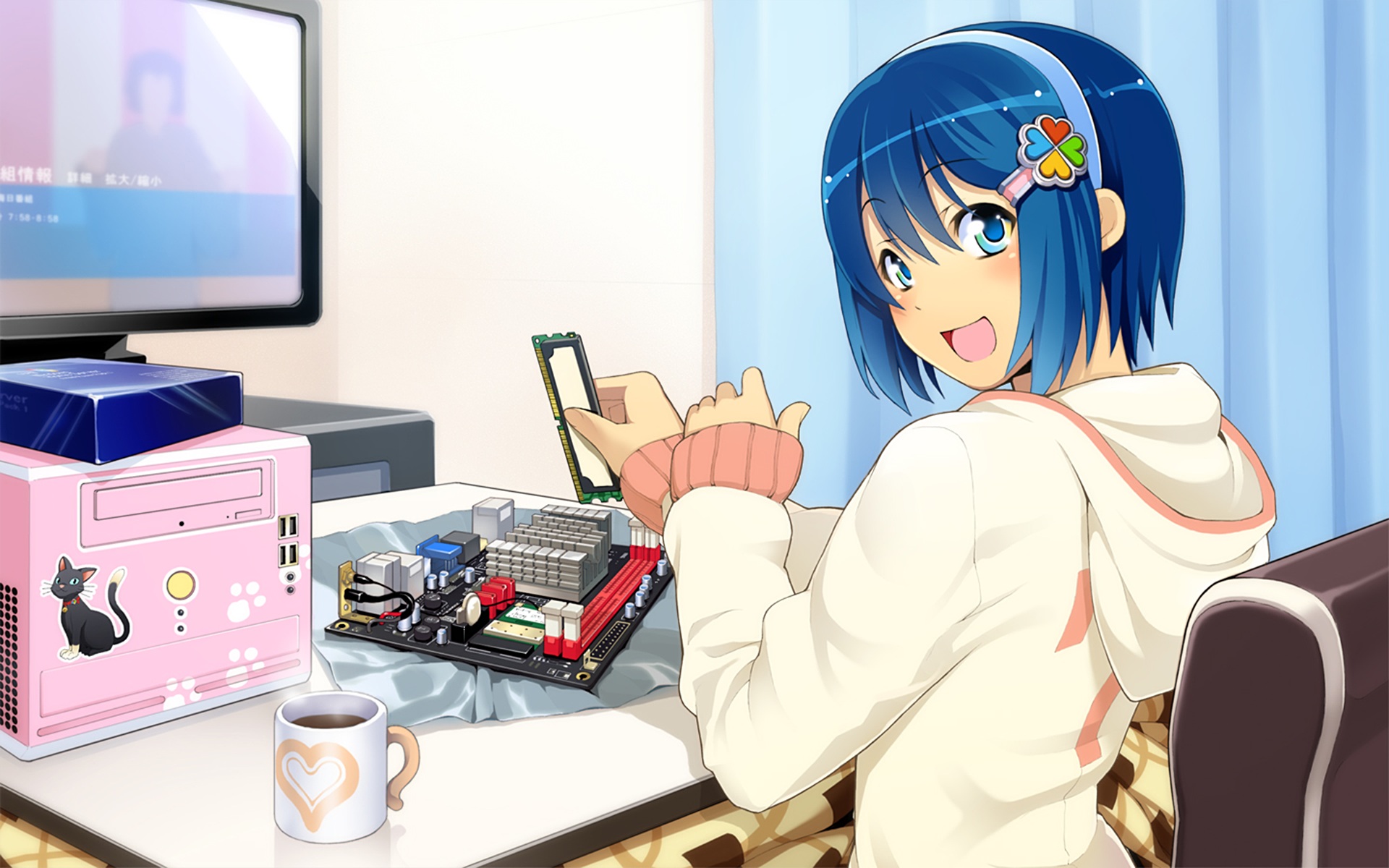 OS Tan Room Computer Short Hair Blue Hair Hair Band Coffee Sweatshirts Anime Girls 1920x1200