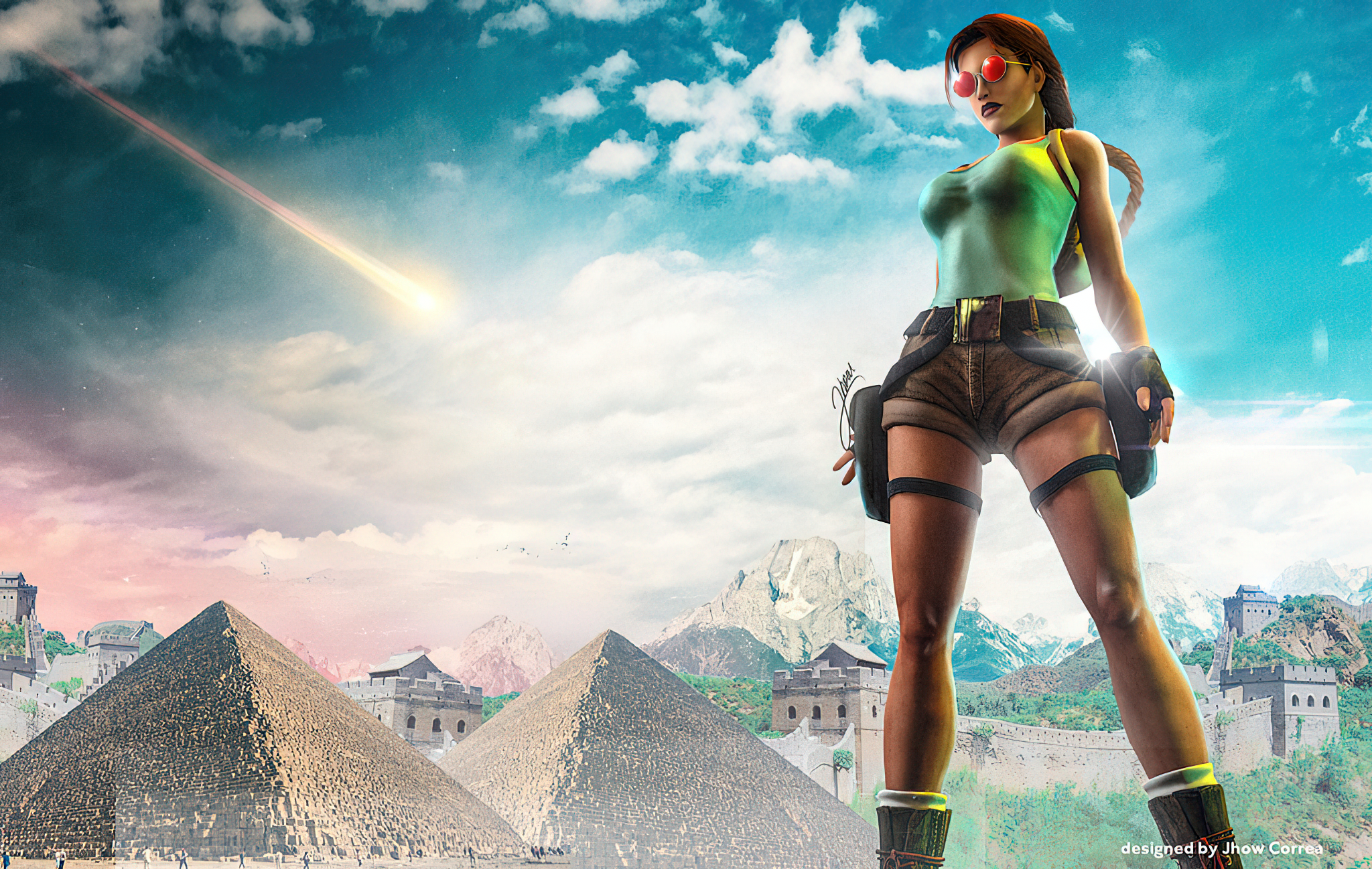 Tomb Raider Lara Croft Tomb Raider Red Glasses Great Wall Of China Pyramid Video Game Characters 2048x1298